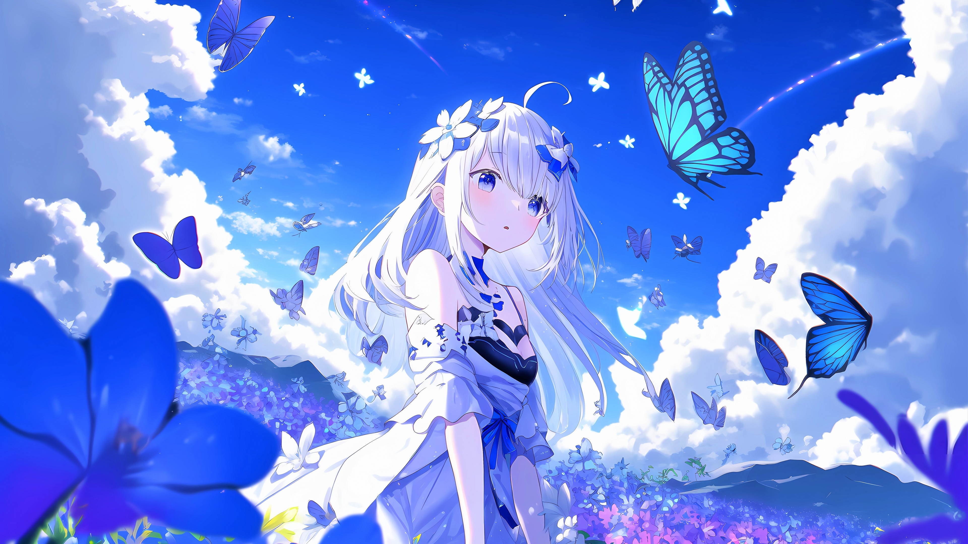 Anime Girl, Dreamlike Imagery, Butterfly Flight, Vibrant Colors, Artistic Fantasy, 3840x2160 4K Desktop