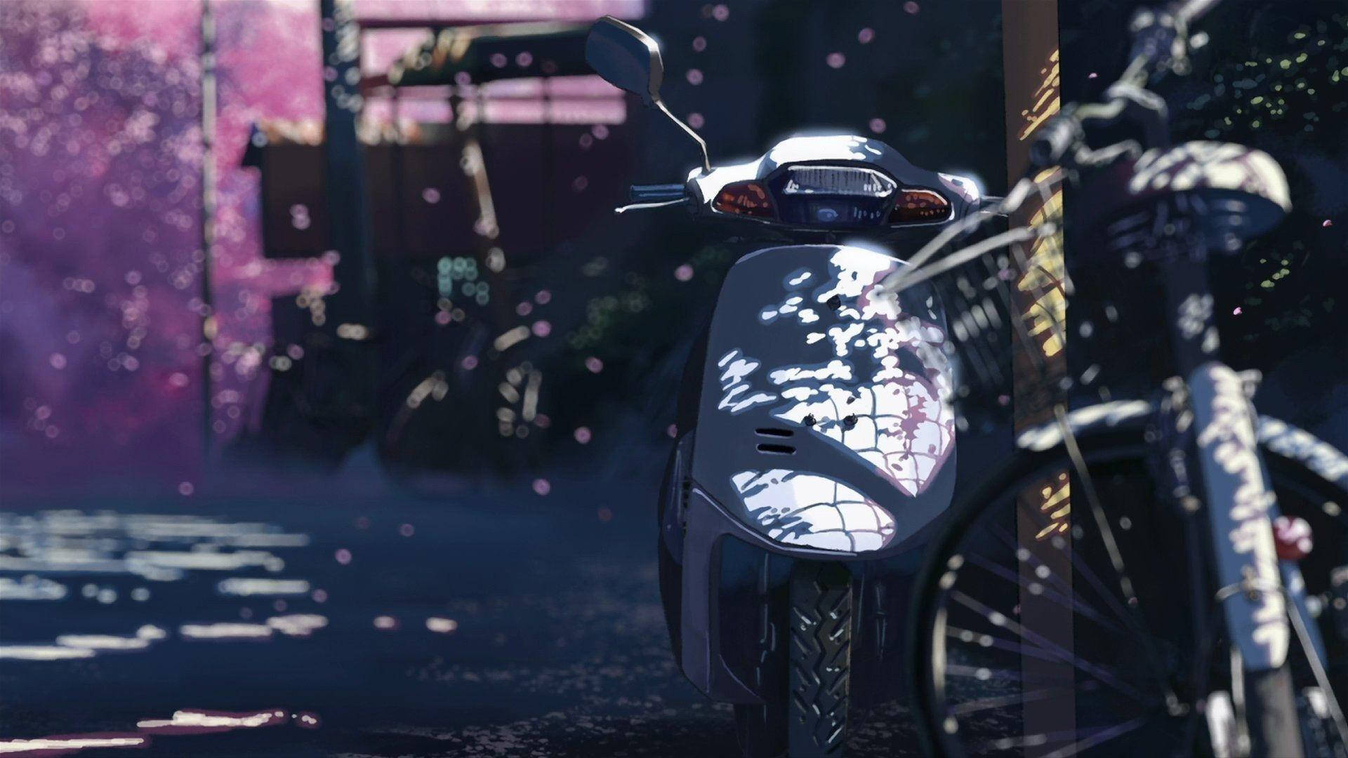 5 Centimeters per Second, Parked motor scooter, Falling cherry blossom petals, Full HD Desktop wallpaper