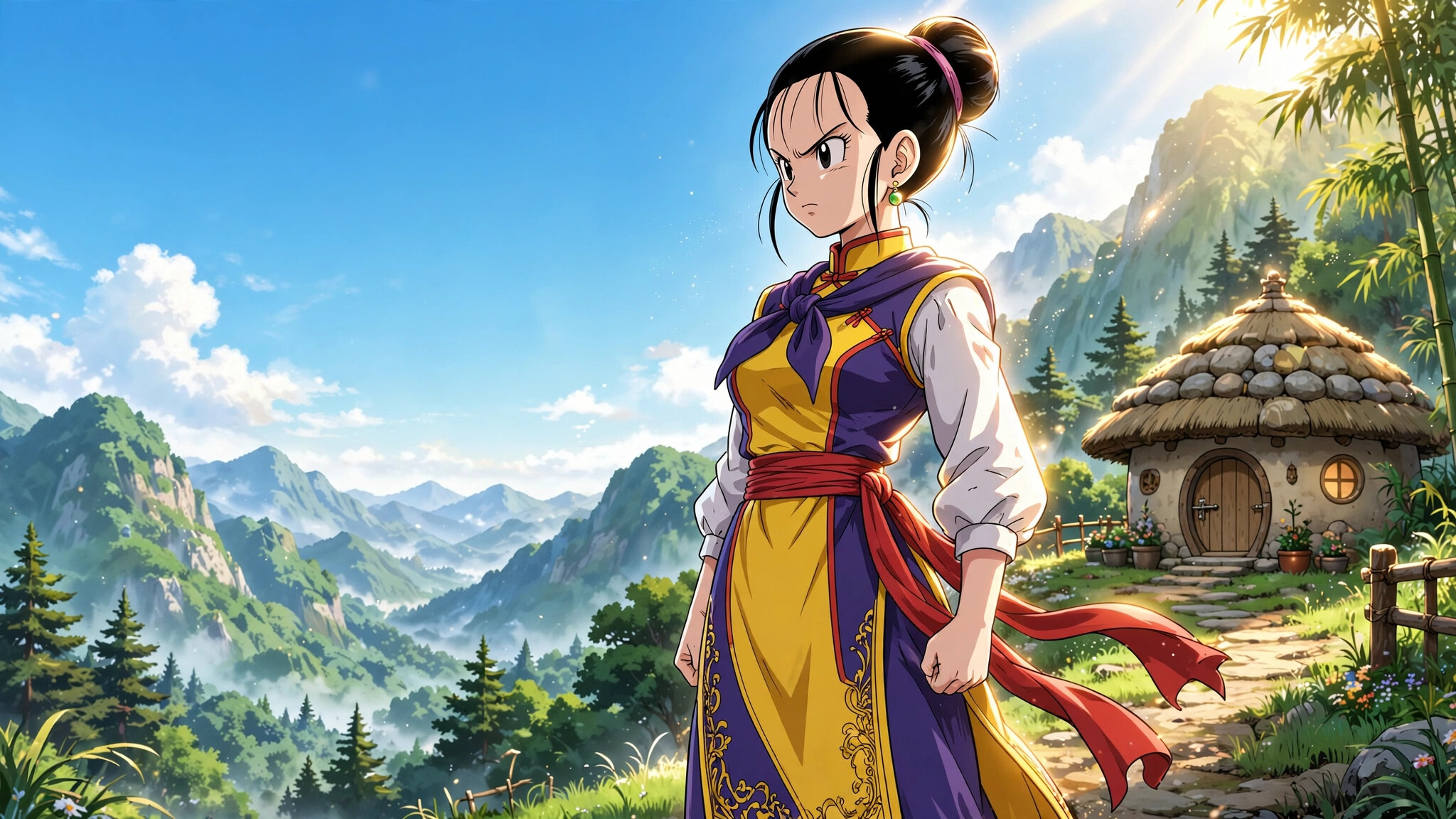 Chi-Chi, Purple and yellow cheongsam, Red sash, Mountain valley, Round house, Dragon Ball Z, HD Desktop wallpaper