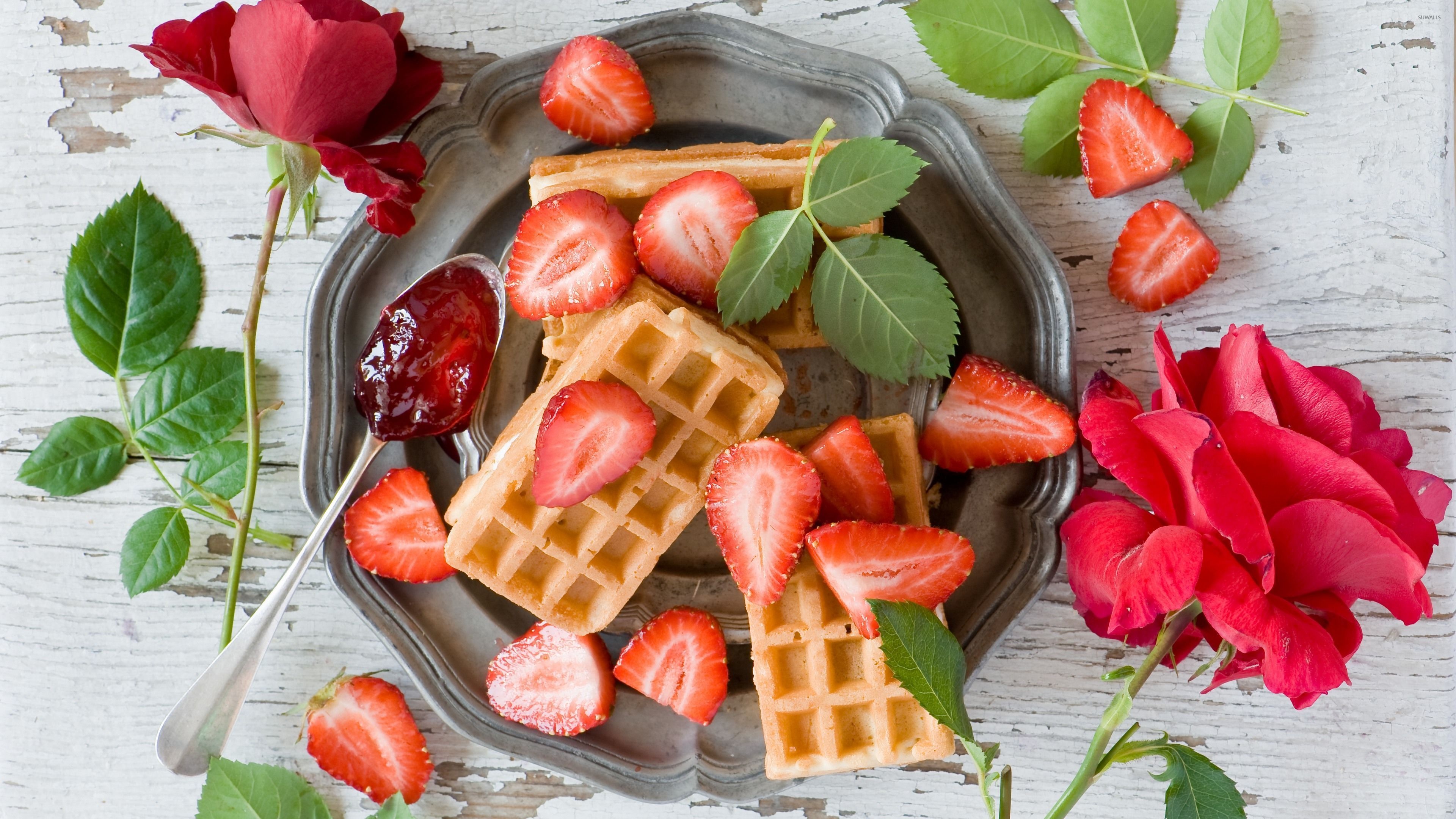 Waffles and strawberries, Perfect pairing, Photography wallpaper, Tempting indulgence, 3840x2160 4K Desktop