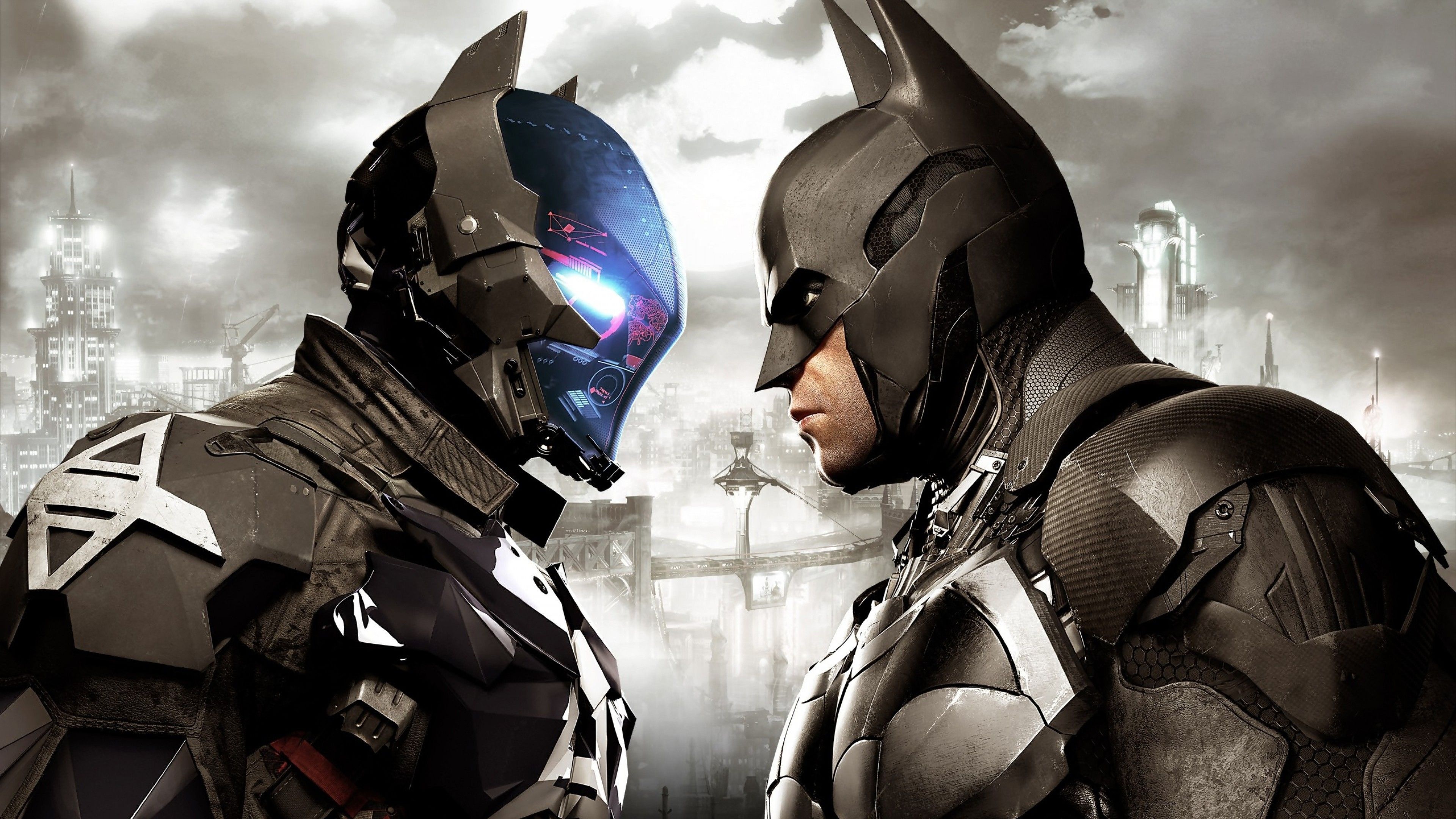 Arkham Knight, Batman in Batsuit, Gotham City skyline, 4K Desktop wallpaper