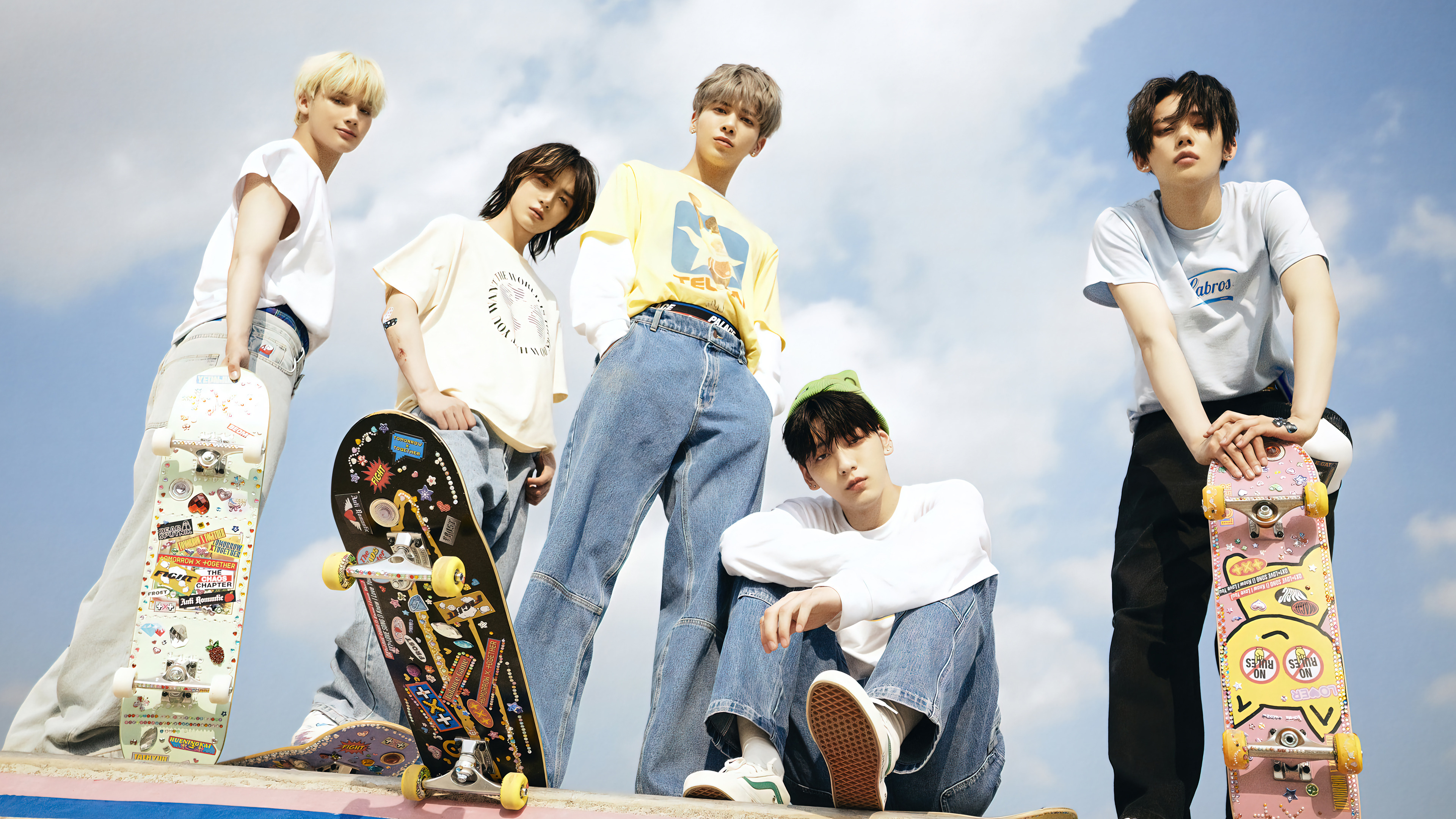 Tomorrow X Together, Hueningkai, Beomgyu, Taehyun, Soobin, Yeonjun, The Chaos Chapter: FIGHT OR ESCAPE, Stickered skateboards, 4K Desktop wallpaper