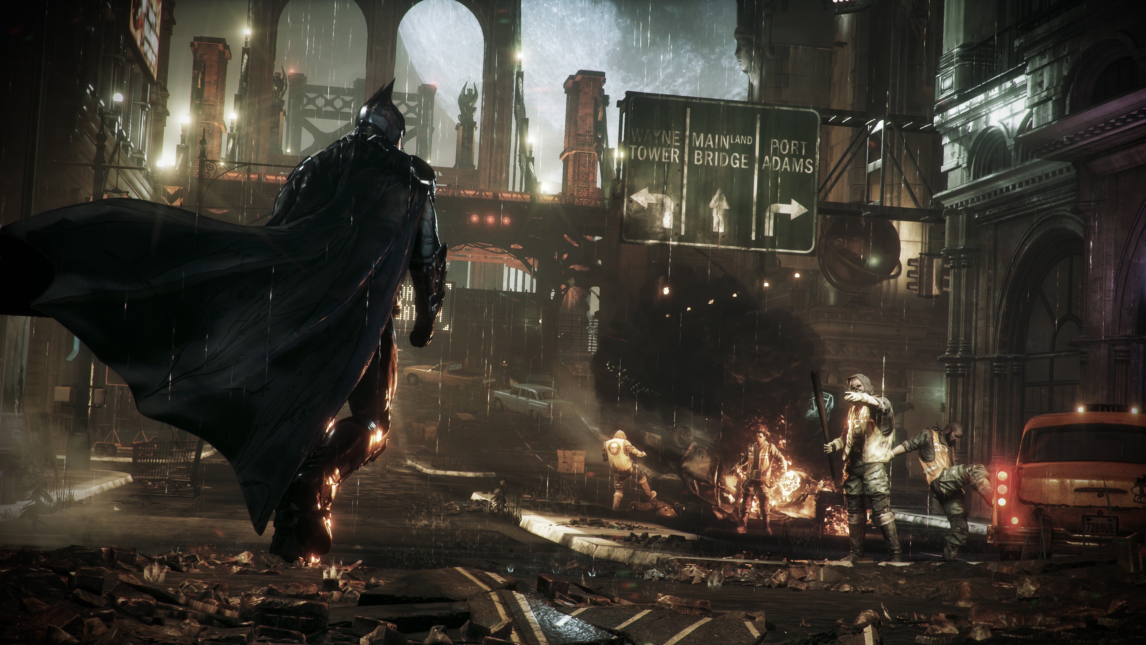 Batman, Gotham City rainy street, Armed street thugs, 4K Desktop wallpaper