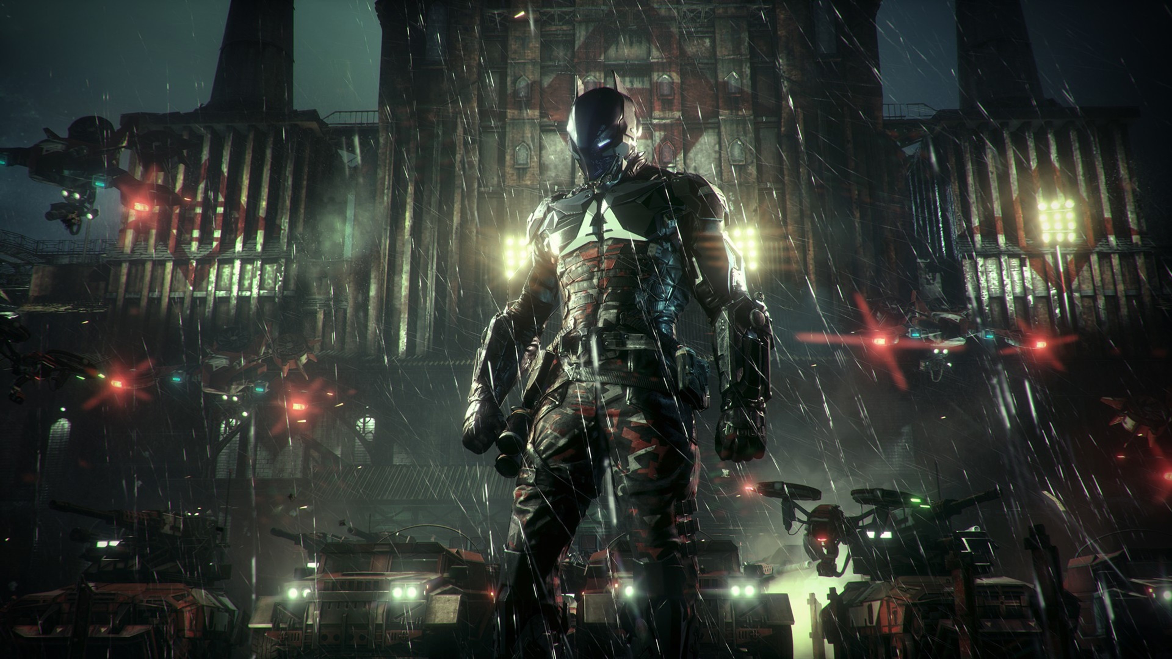 Arkham Knight, Arkham Knight militia tanks, Rainy industrial compound, 4K Desktop wallpaper