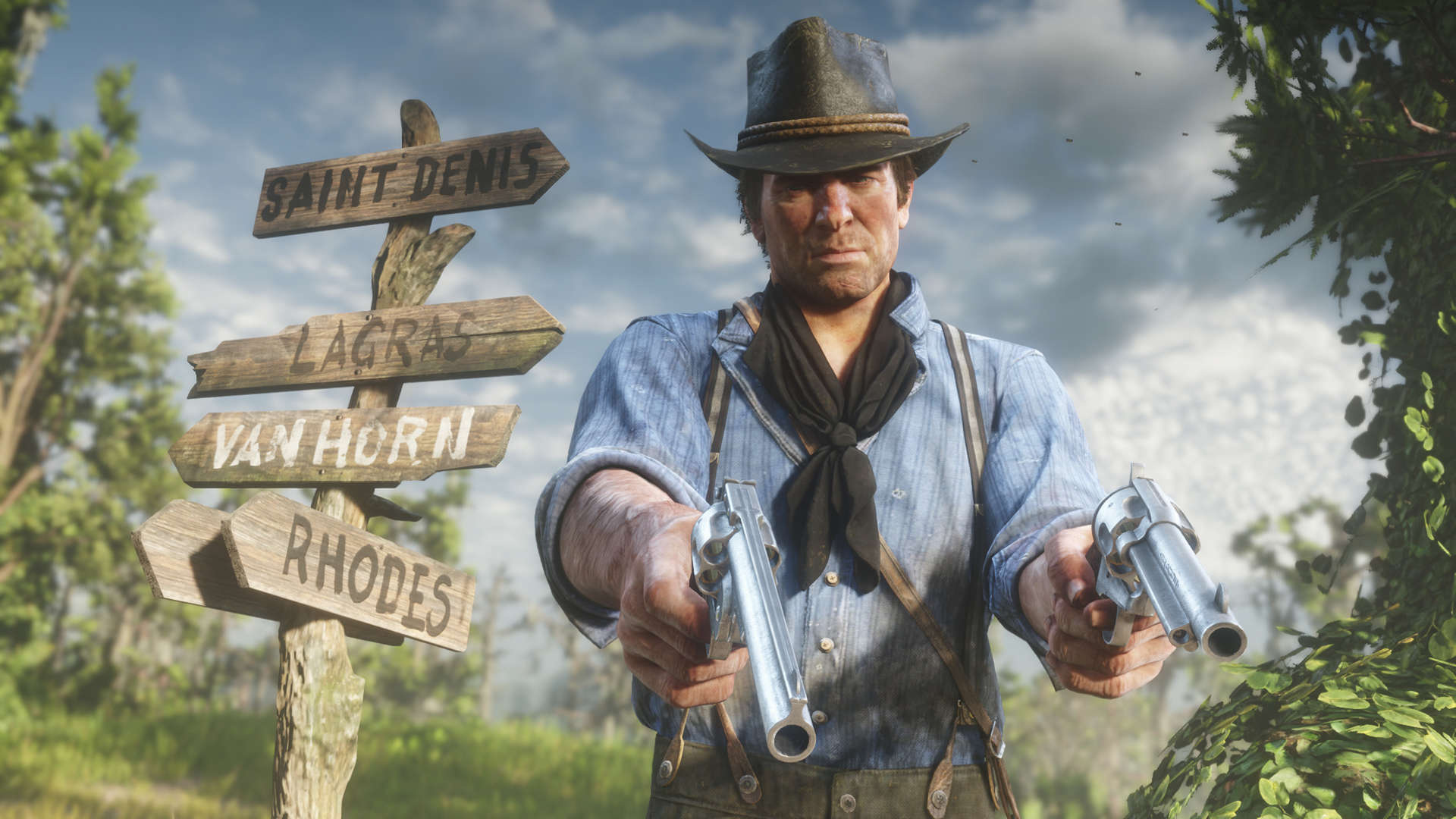 Arthur Morgan, Saint Denis signpost, dual Schofield revolvers, Full HD Desktop wallpaper