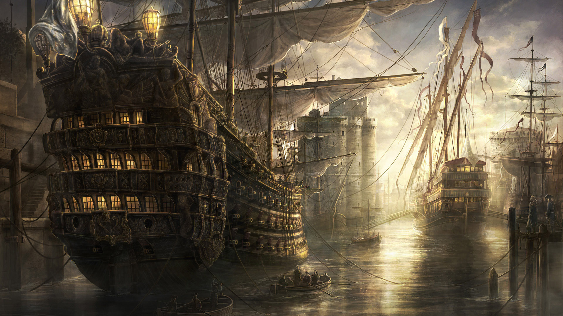 Ornate wooden galleon stern, Fortified stone harbor fortress, Rowboat in harbor water, Full HD Desktop wallpaper