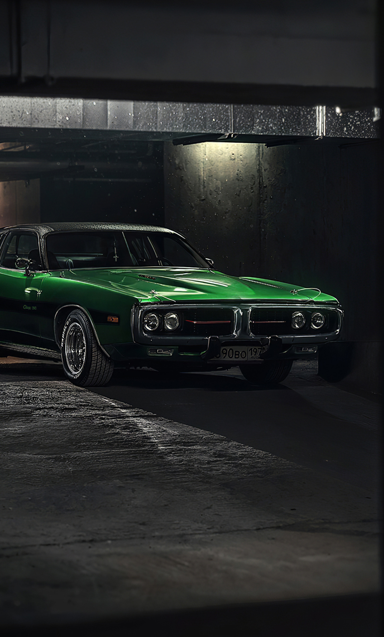 1971 Dodge Charger, underground parking garage, metallic green muscle car, HD Phone wallpaper