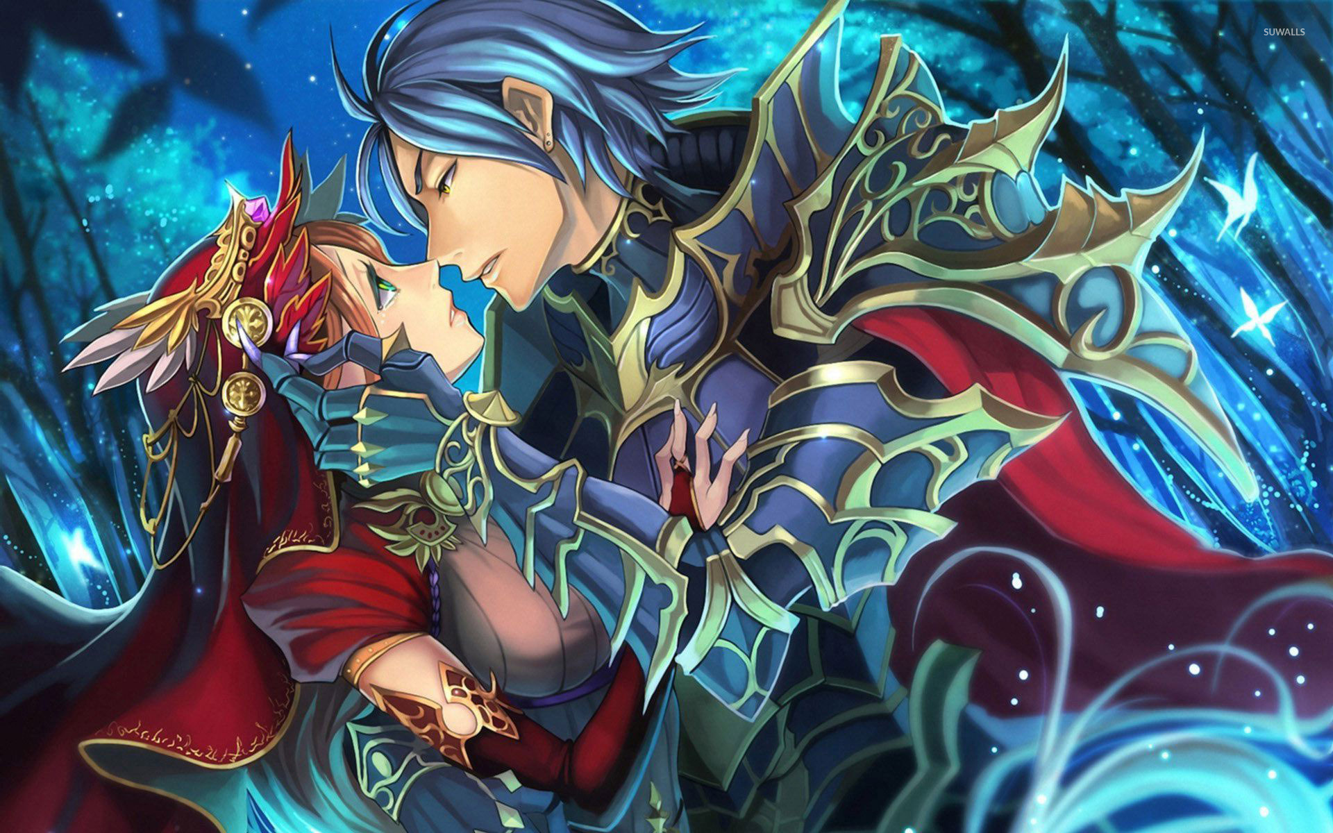 blue-haired armored elf warrior, crowned fantasy woman, glowing magical blue forest, HD Desktop wallpaper