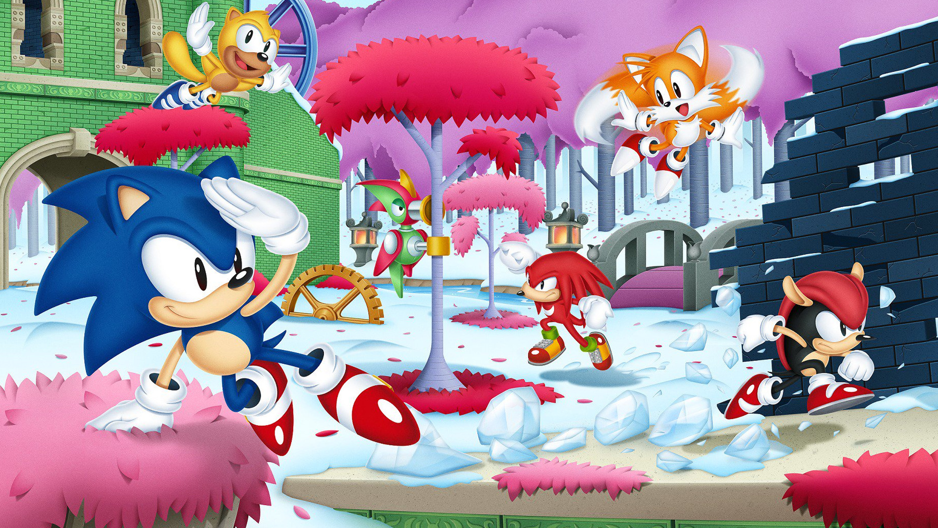 Sonic the Hedgehog saluting, Press Garden Zone snowfall, Mighty the Armadillo, Ray the Flying Squirrel, Knuckles the Echidna running, Full HD Desktop wallpaper