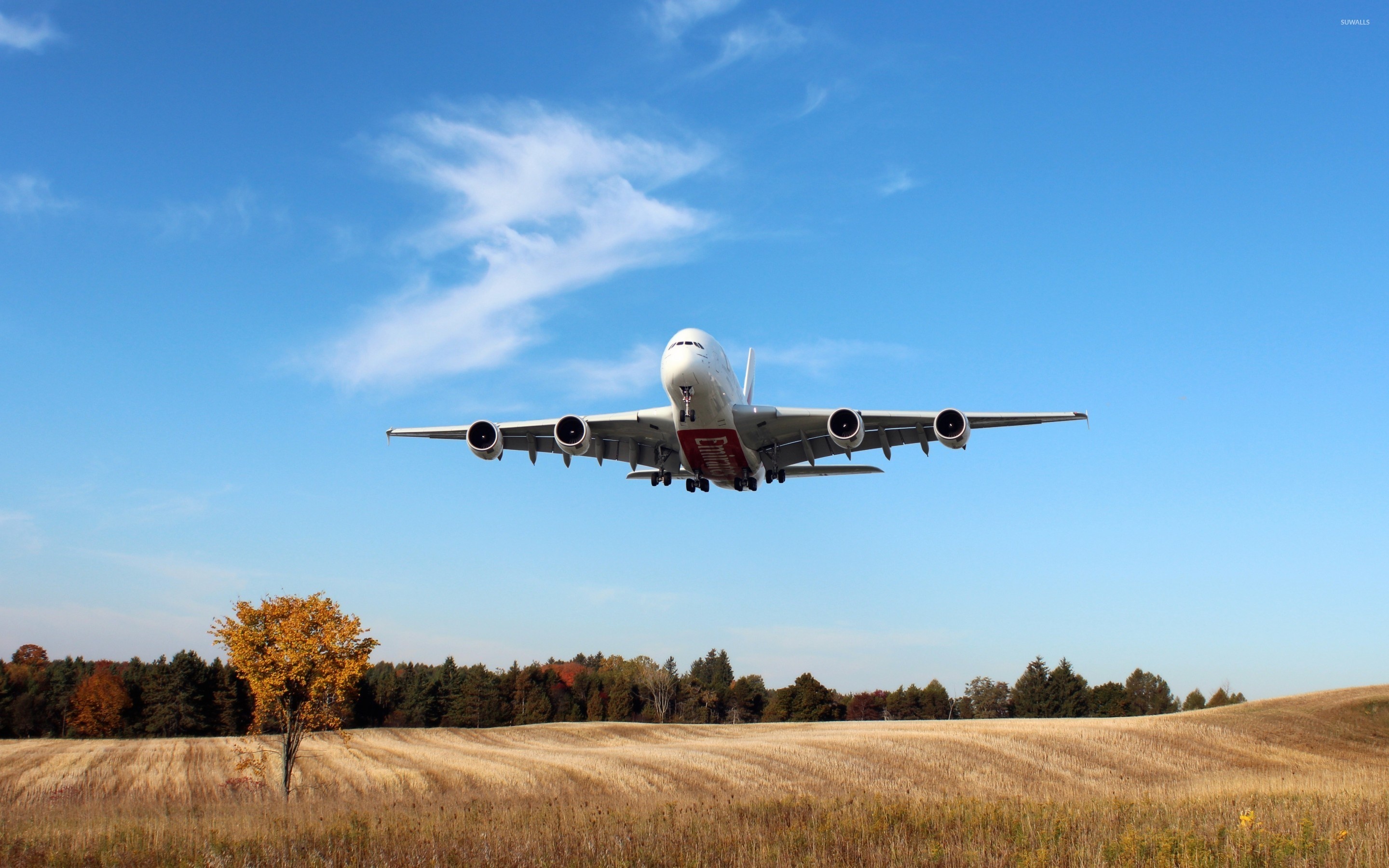 Airbus A380, Flying over field, 2880x1800 HD Desktop