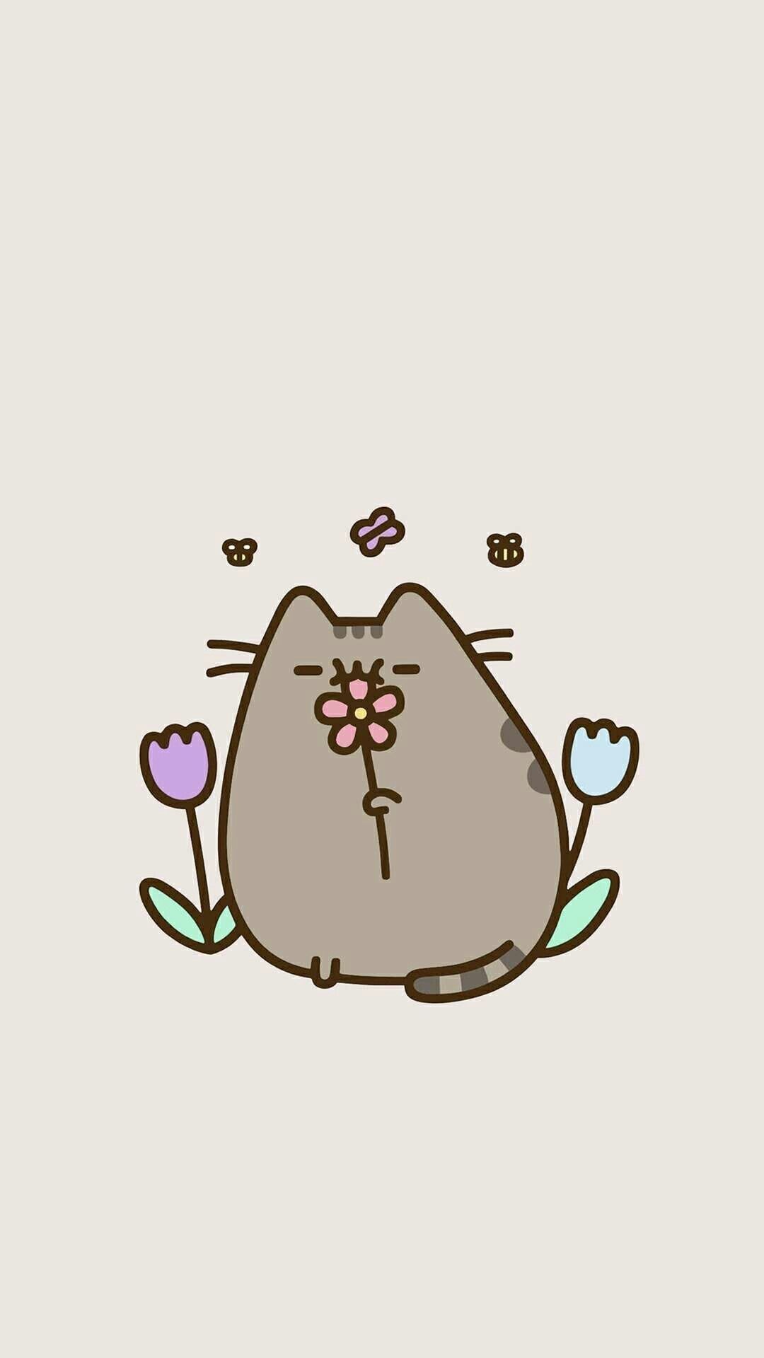 Pusheen, Pink flower in mouth, Pastel tulip flowers, Full HD Phone wallpaper