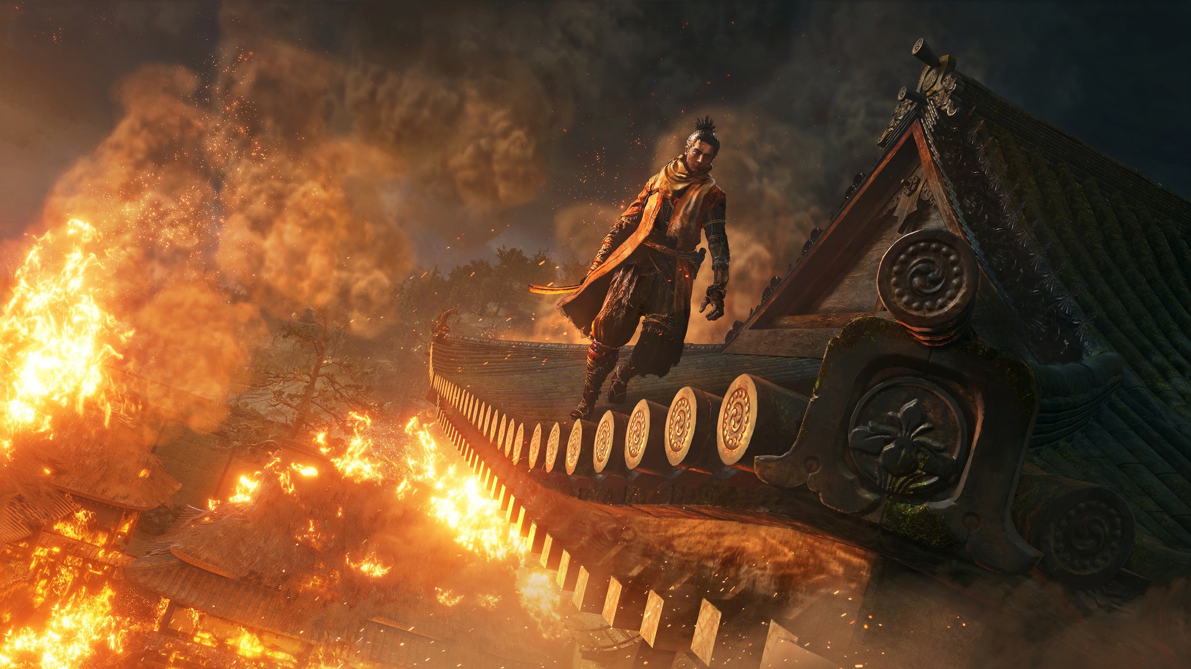 Wolf (Sekiro), burning Japanese temple roof, blazing fire and smoke, 4K Desktop wallpaper