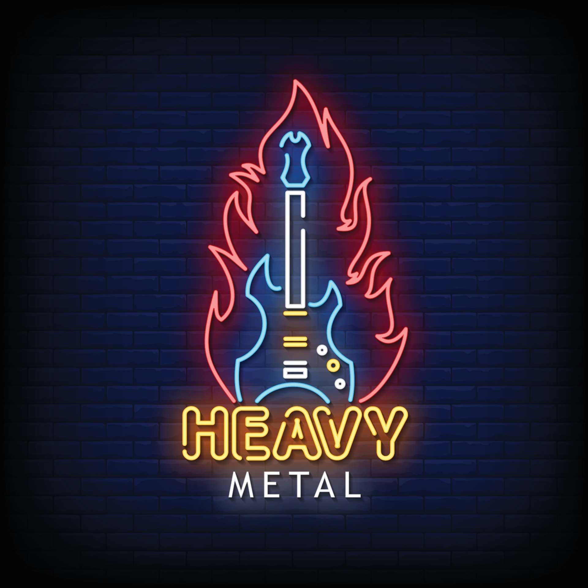 Heavy Metal, Neon signboard, Brick wall, 1920x1920 HD Phone