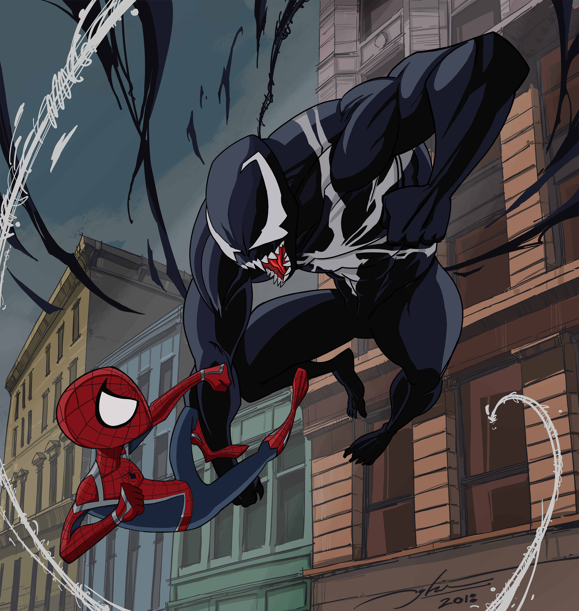 Spider-Man Advanced Suit, Venom symbiote character, Urban street alleyway, HD Phone wallpaper