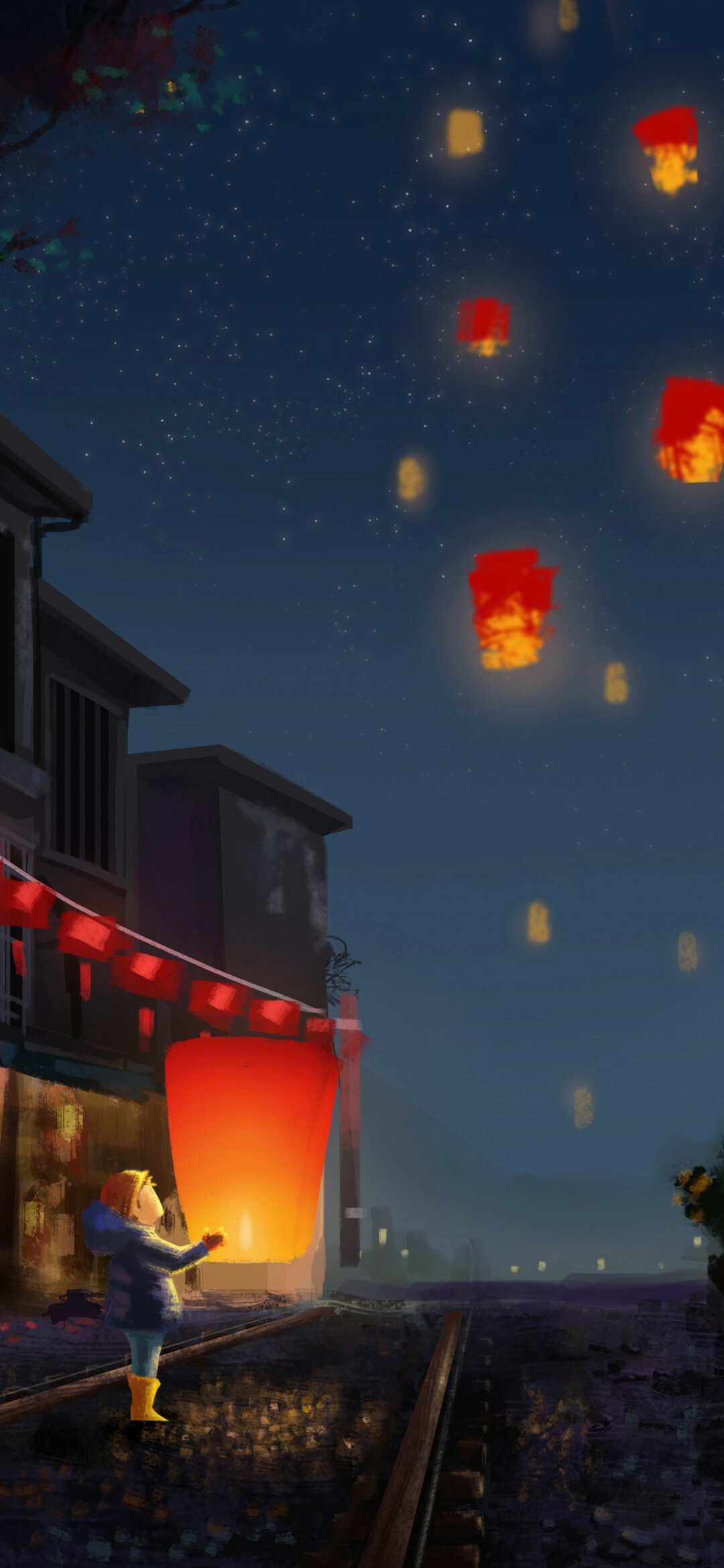 Lanterns artwork festival, Chinese New Year, Starry sky, Night wallpapers, 1080x2340 HD Phone