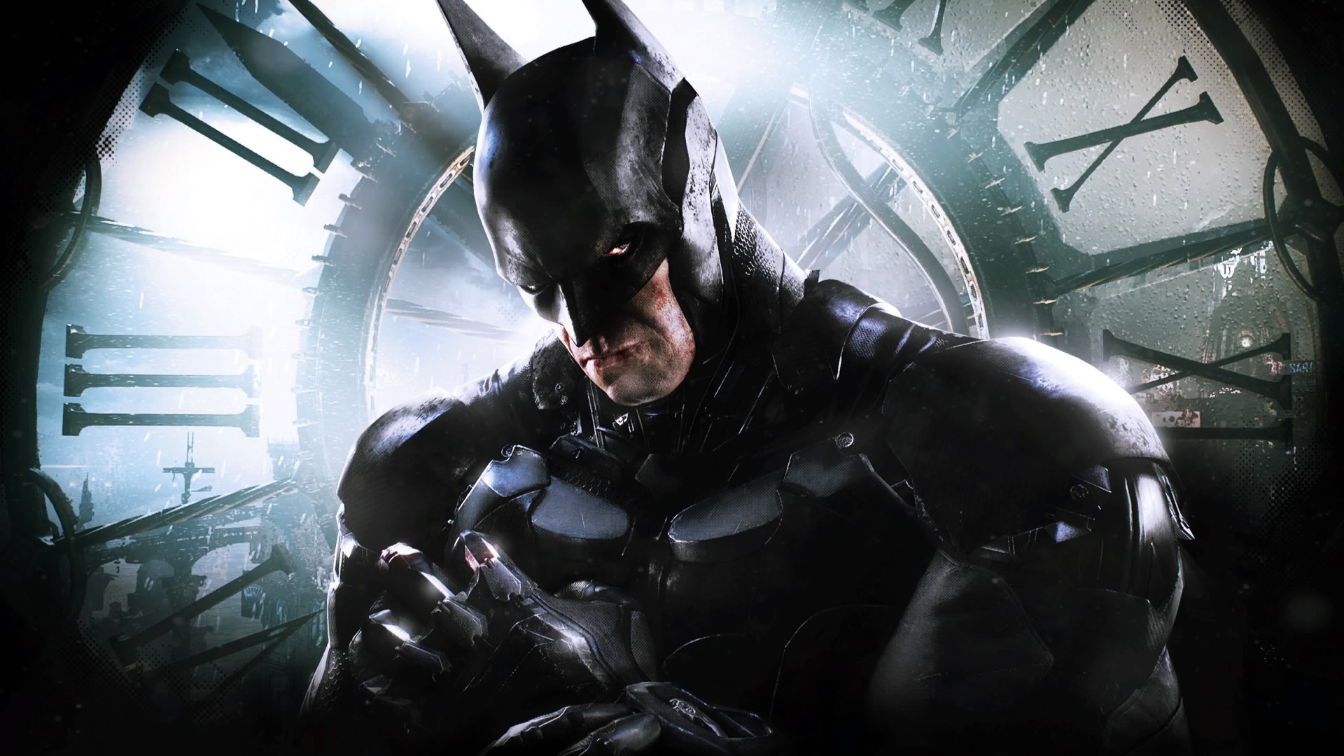 Batman: Arkham Knight, Gotham Clock Tower face, Armored Batsuit, Full HD Desktop wallpaper