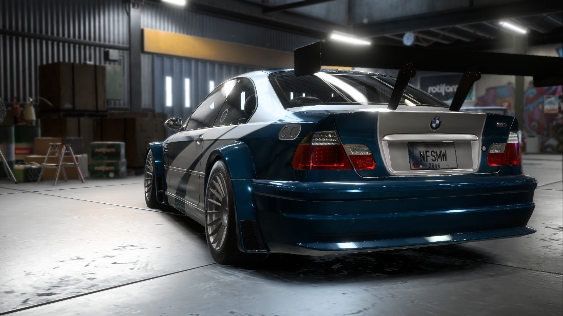 BMW M3 GTR E46, NFSMW license plate, industrial garage workshop, Full HD Desktop wallpaper