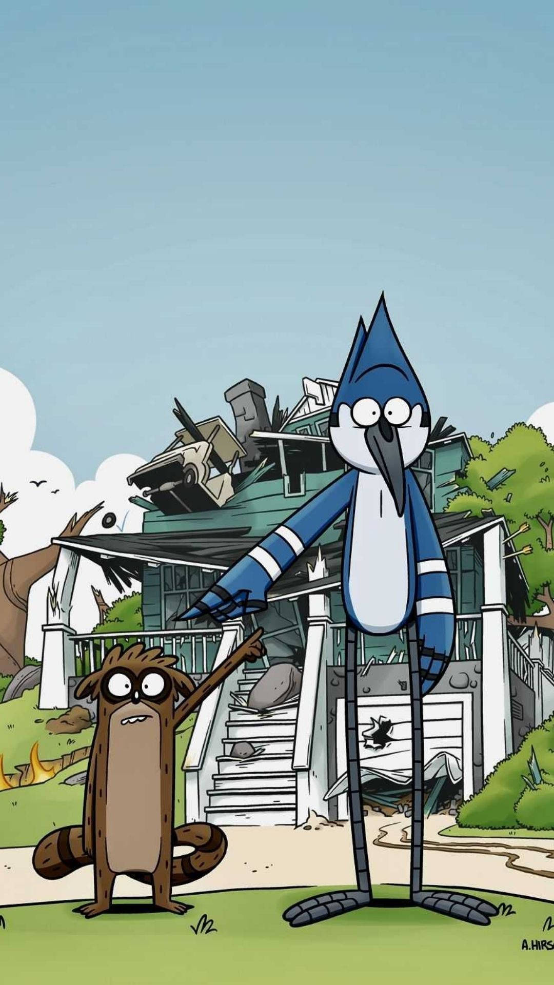 Mordecai blue jay, Rigby raccoon, Wrecked park house, Regular Show, Full HD Phone wallpaper