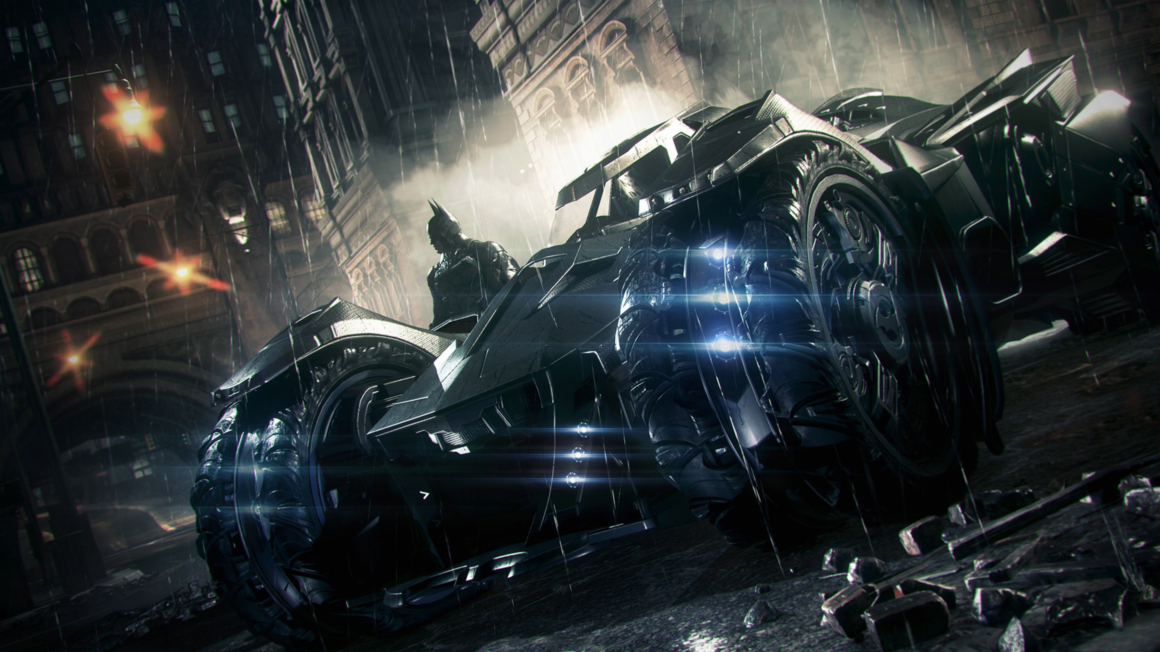 Arkham Knight Batmobile, Batman, Rainy Gotham City street, 4K Desktop wallpaper