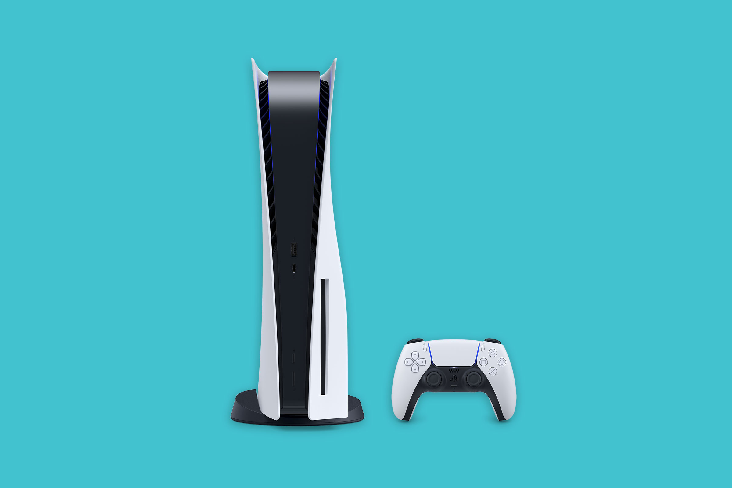 PlayStation 5 console, DualSense wireless controller, Teal flat backdrop, HD Desktop wallpaper