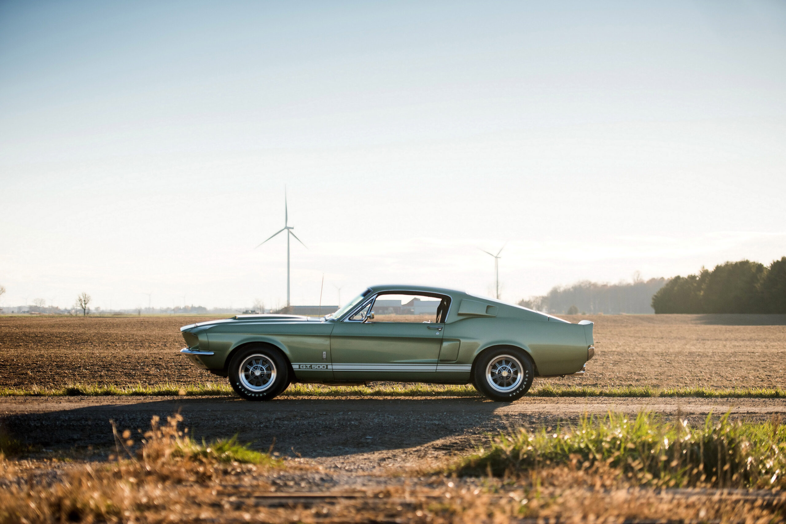 1967 Shelby GT500, Rural farmland road, Distant wind turbines, HD Desktop wallpaper