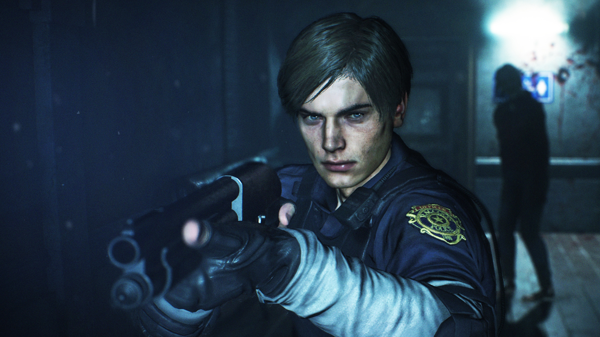 Leon S. Kennedy, R.P.D. uniform, zombie in hallway, Full HD Desktop wallpaper