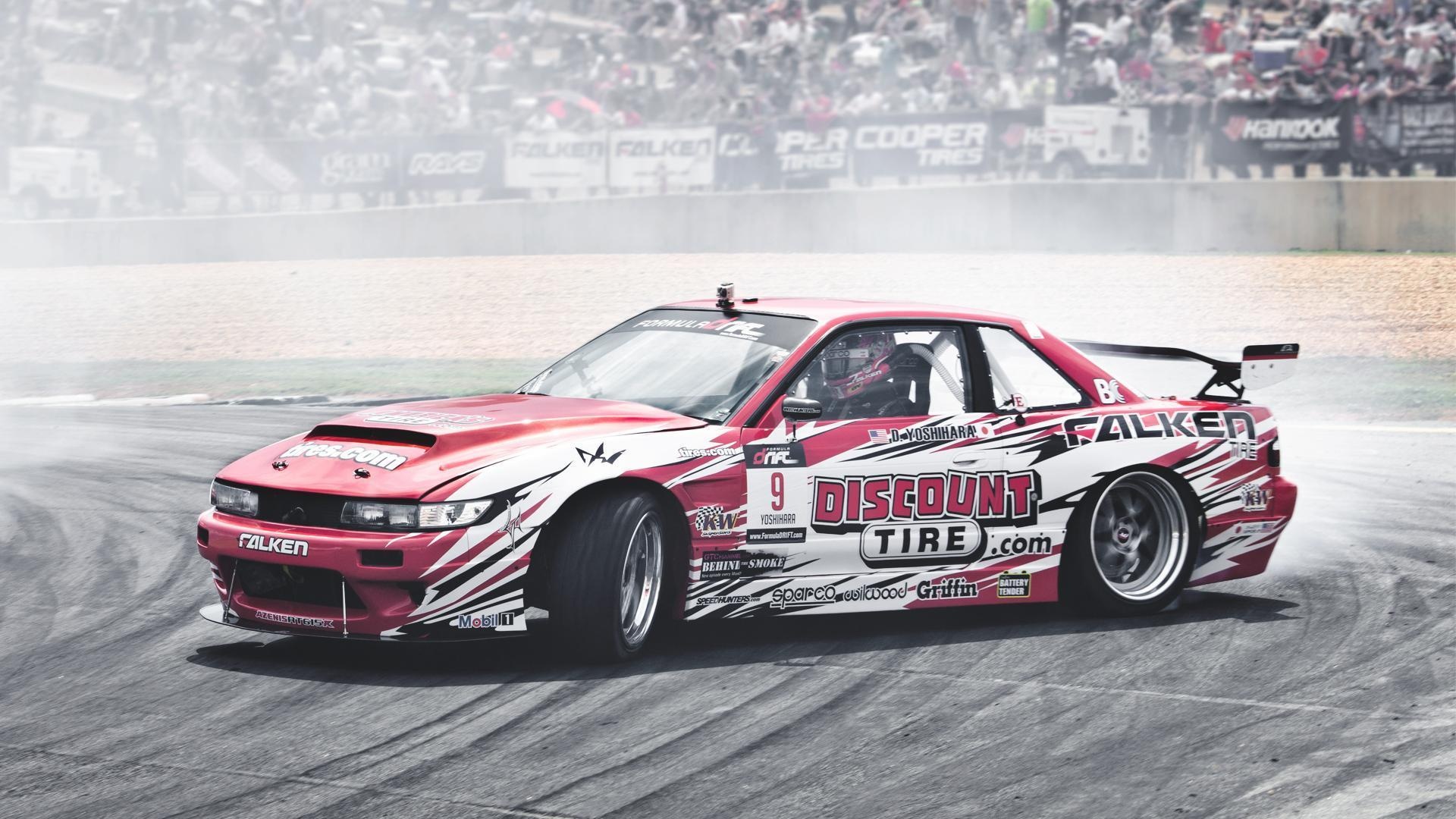 Dai Yoshihara Nissan S13, Discount Tire text, tire smoke on racetrack, Full HD Desktop wallpaper