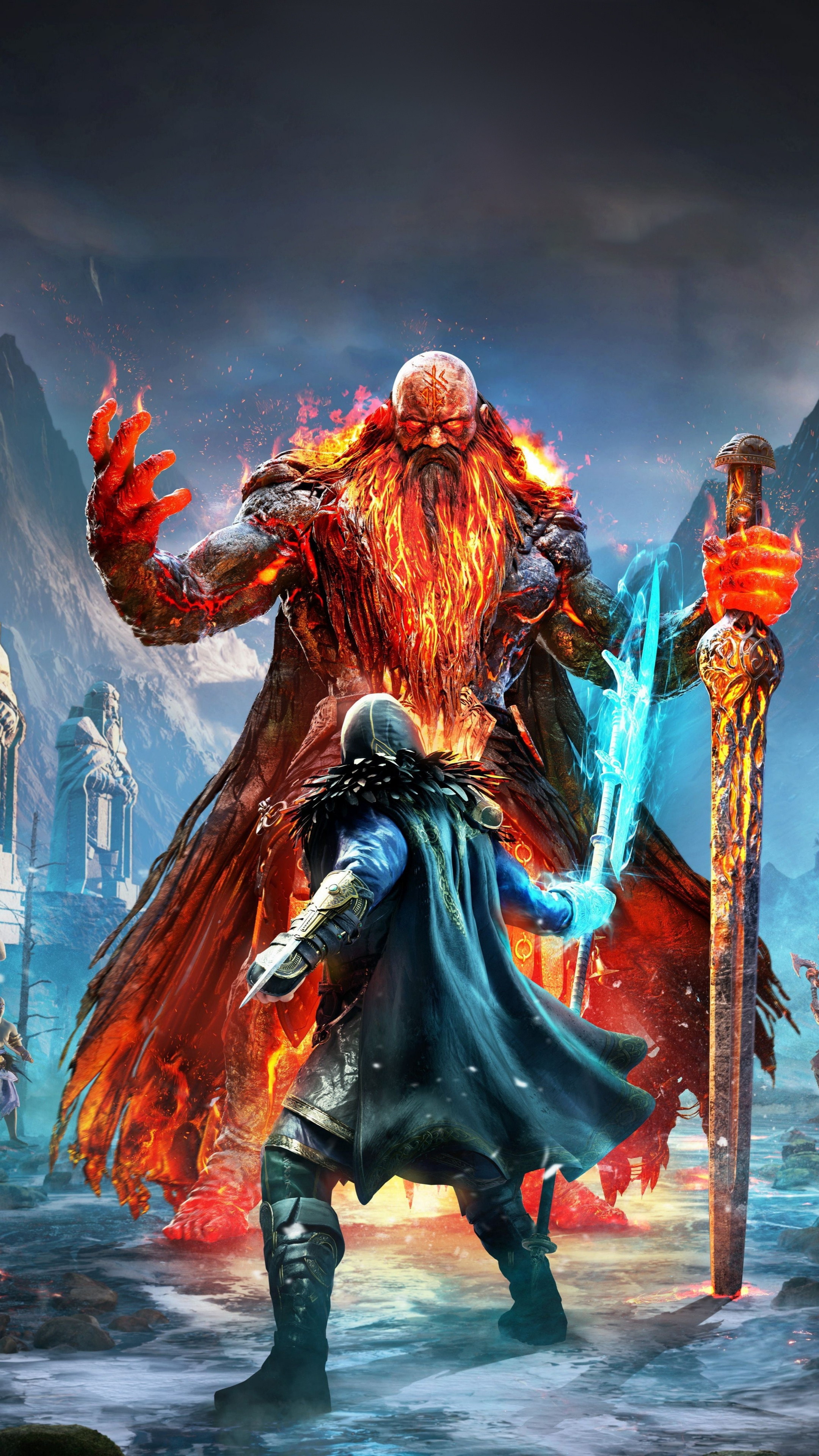 Surtr with flaming sword, Havi wielding glowing weapon, Assassin's Creed Valhalla: Dawn of Ragnarök, 4K Phone wallpaper