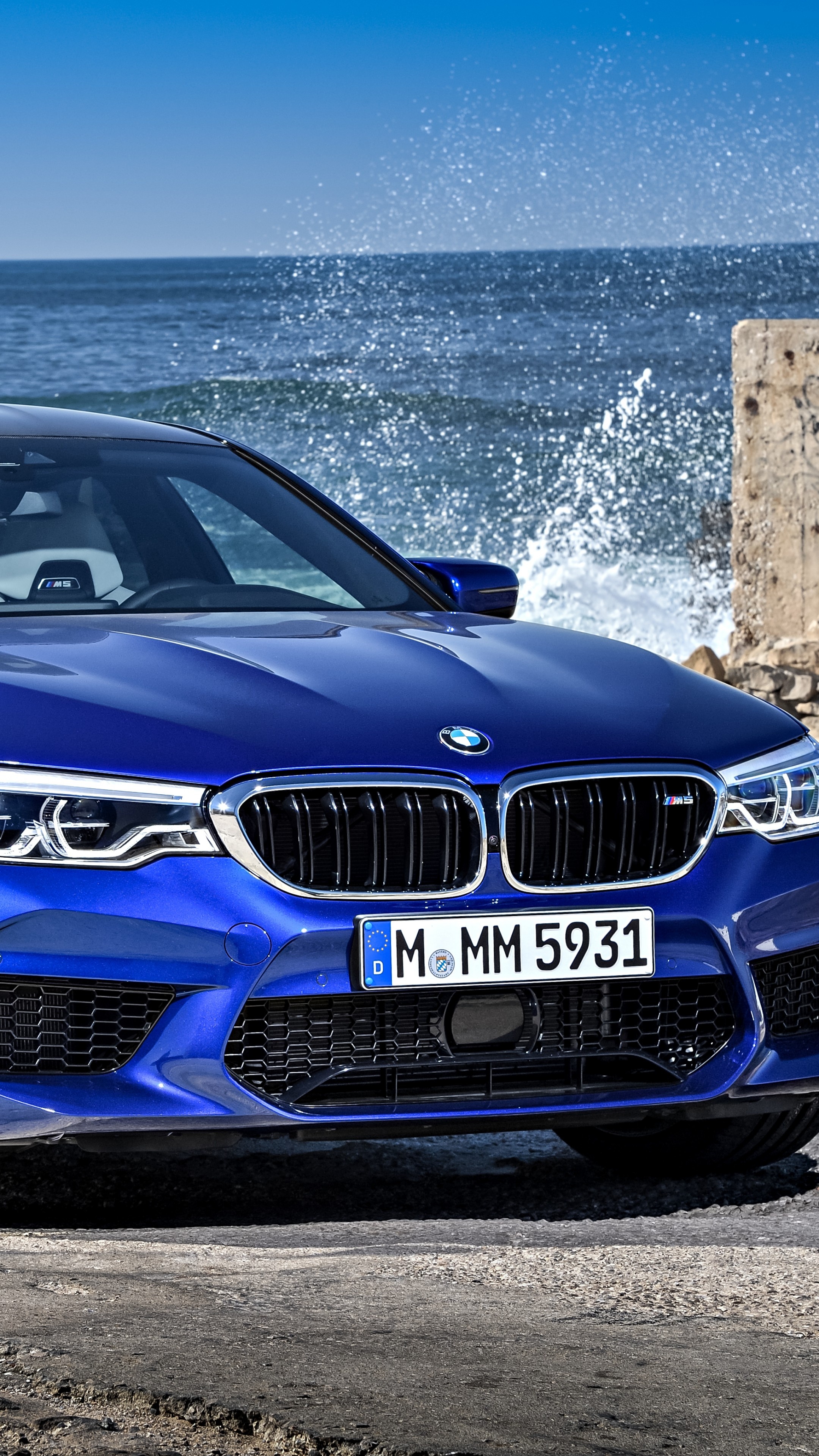 BMW M5 F90, M MM 5931, crashing ocean waves, 4K Phone wallpaper