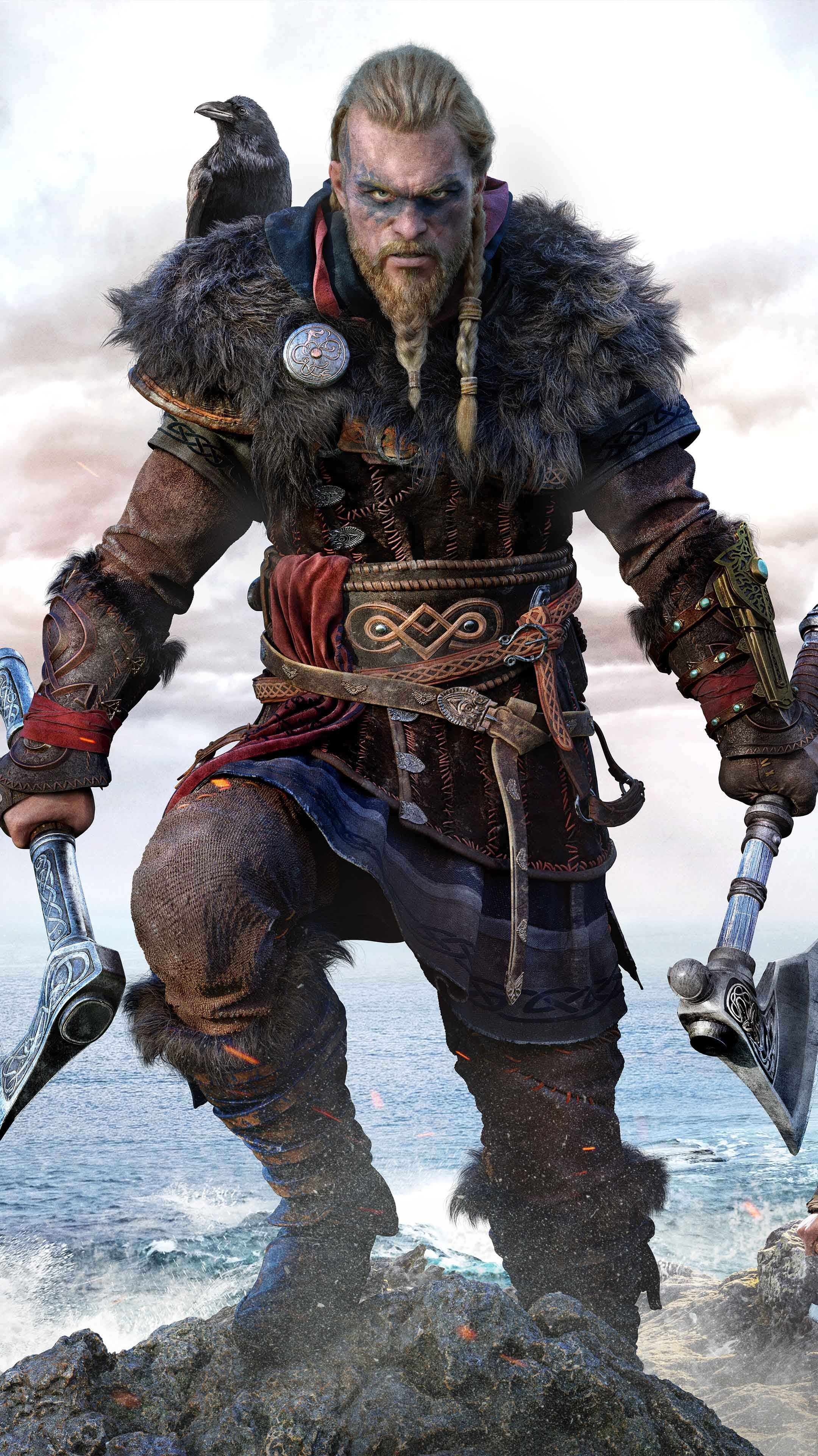 Male Eivor, Synin raven, Dual Viking axes, 4K Phone wallpaper