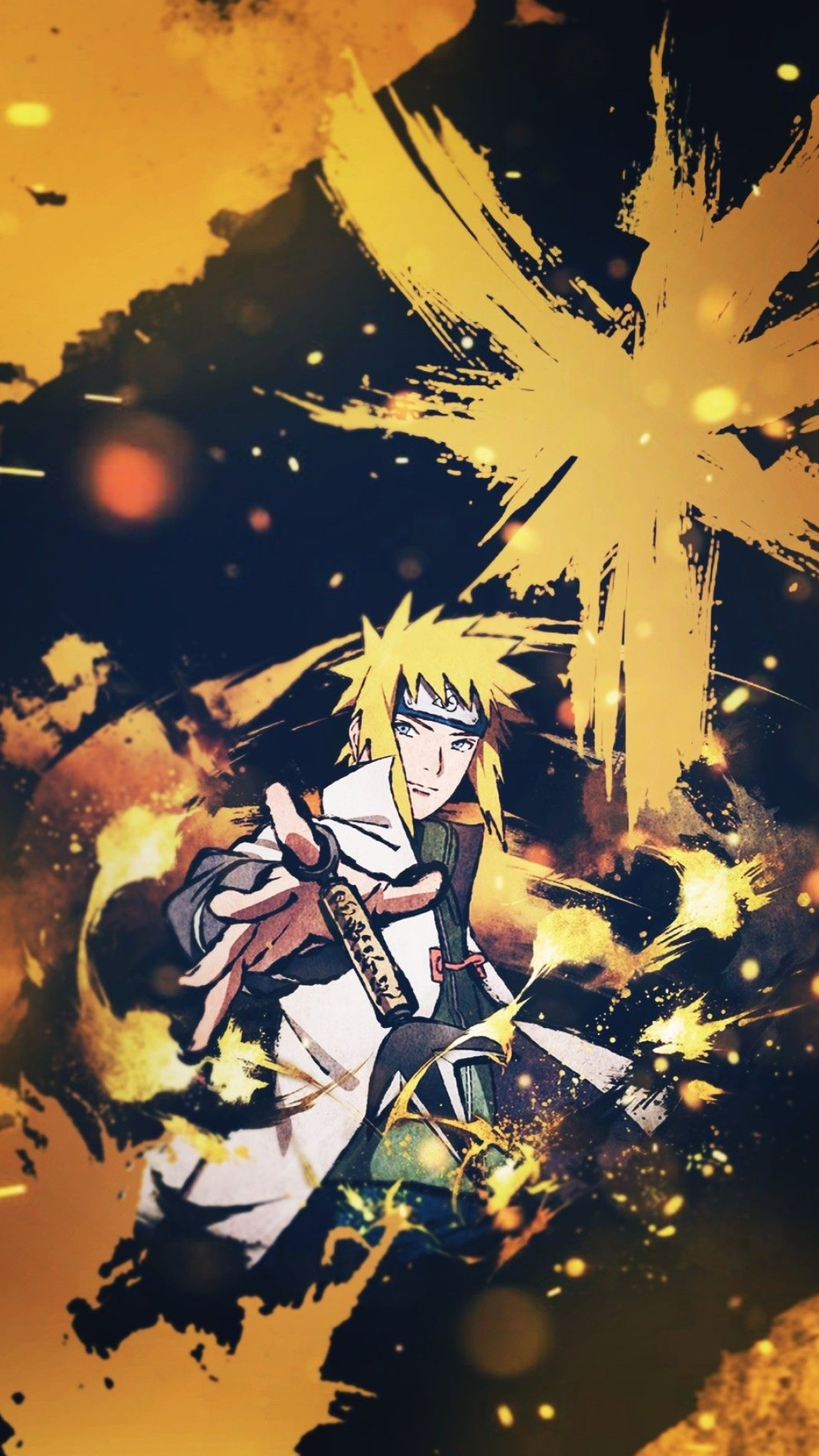 Minato Namikaze, Flying Thunder God kunai, yellow brush stroke splatters, HD Phone wallpaper