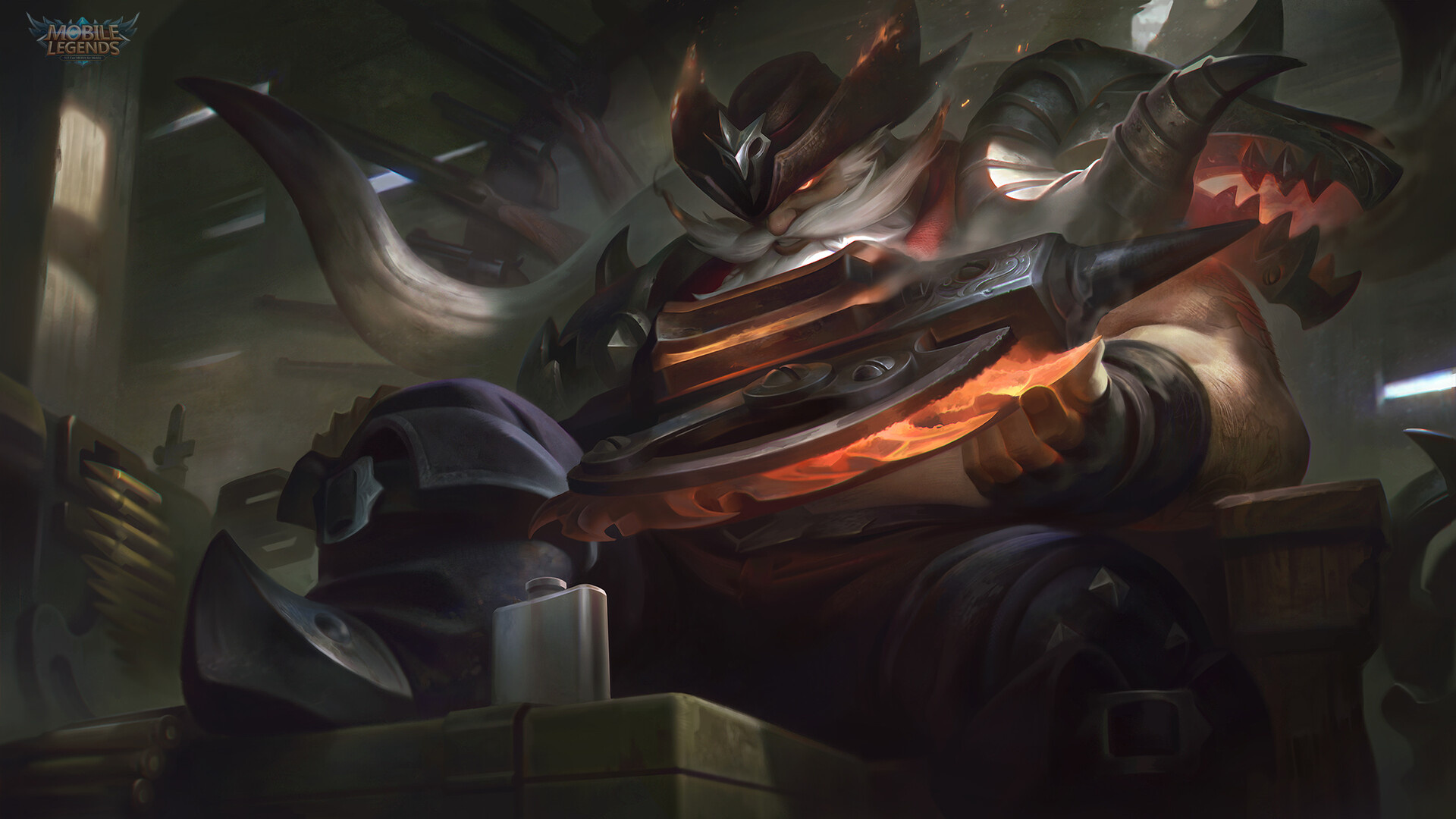 Franco Blazing Axe skin, Mobile Legends logo, glowing heated cleaver blade, Full HD Desktop wallpaper