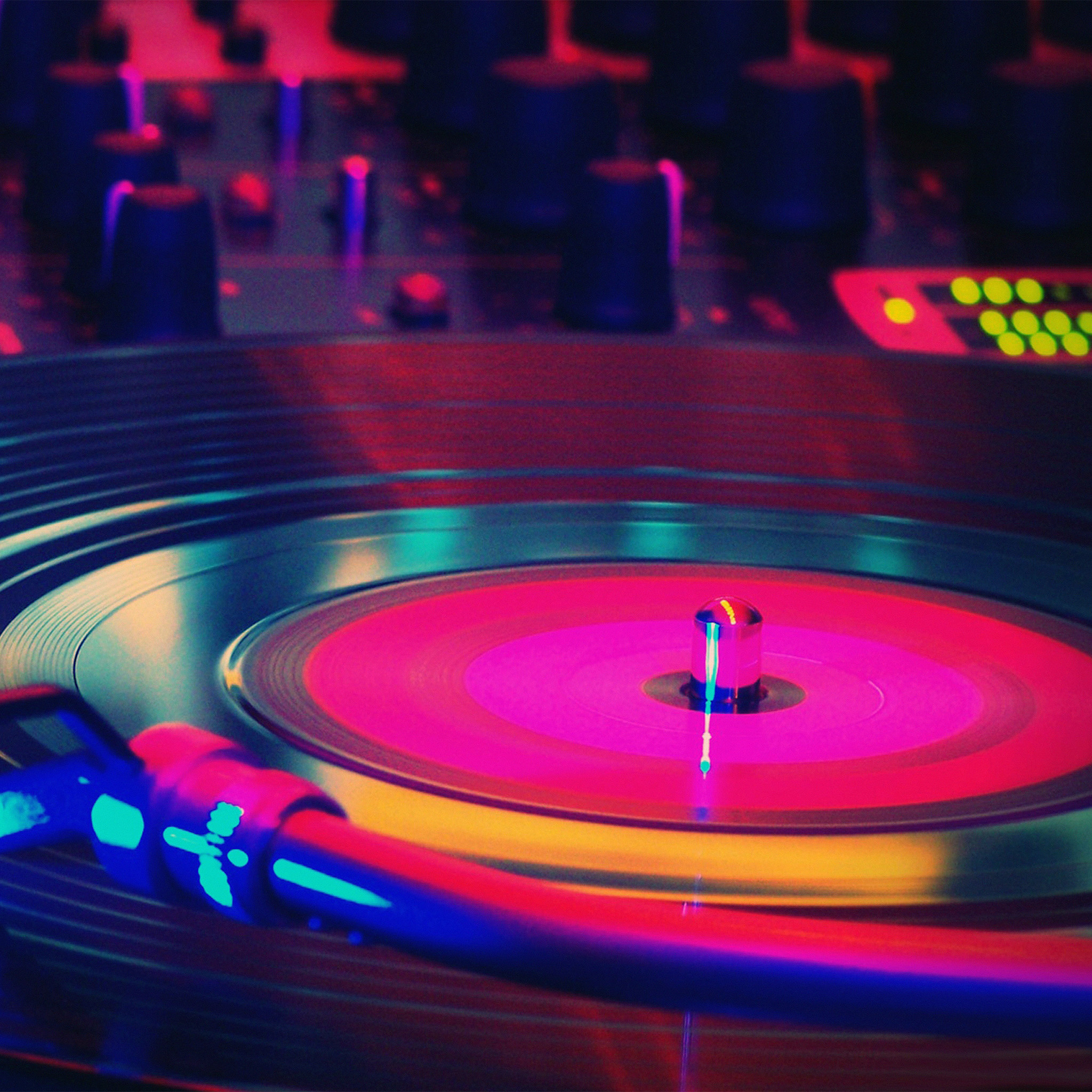 Spinning vinyl record, Turntable tonearm, Neon lit DJ mixer, HD Phone wallpaper
