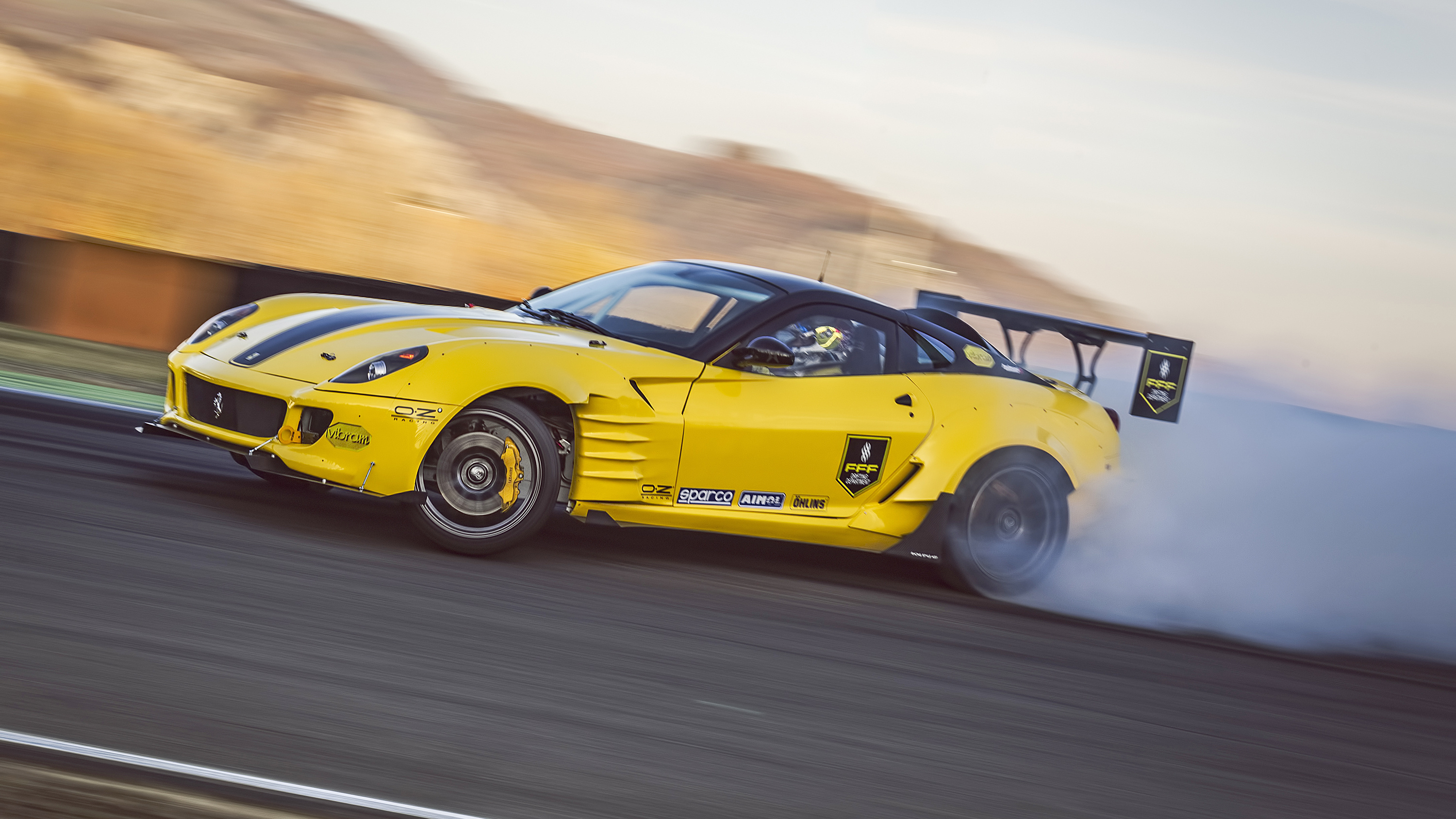Ferrari 599 GTB Fiorano, FFF Drifting Department, drifting tire smoke, HD Desktop wallpaper
