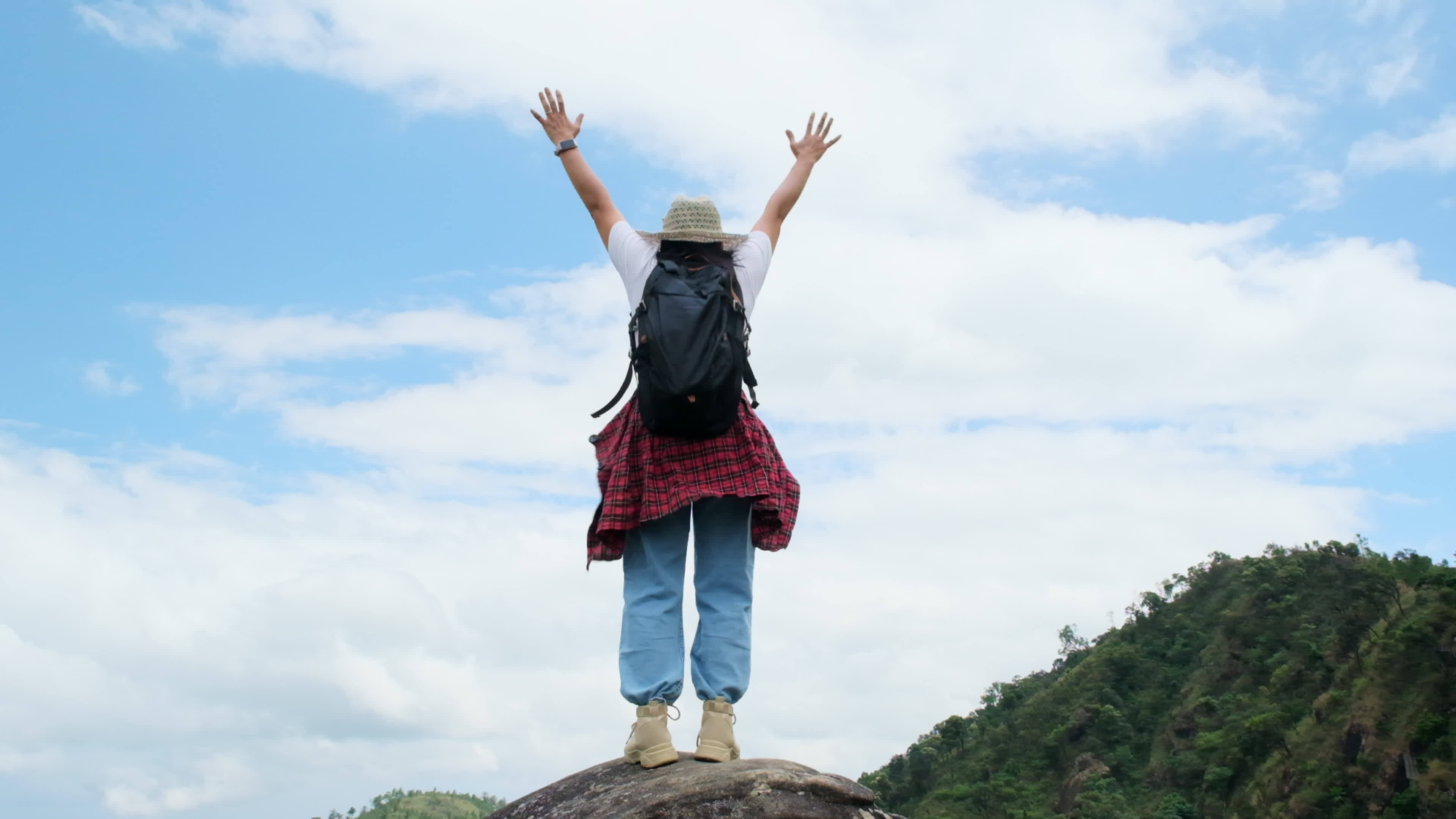 Backpacking triumph, Mountain summit victory, Empowering view, Celebrating success, 3840x2160 4K Desktop