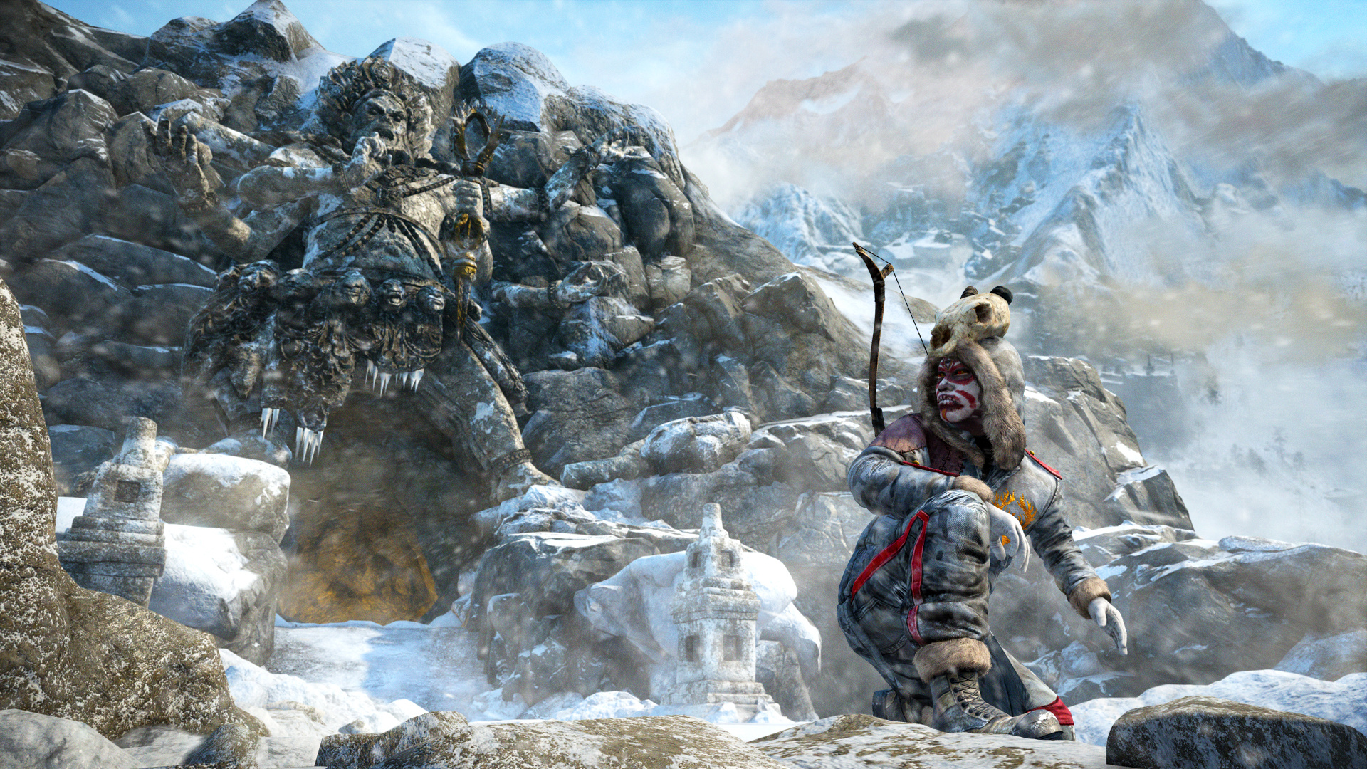 Disciple of Yalung, Giant Yalung statue, Snowy Kyrat mountain, Full HD Desktop wallpaper