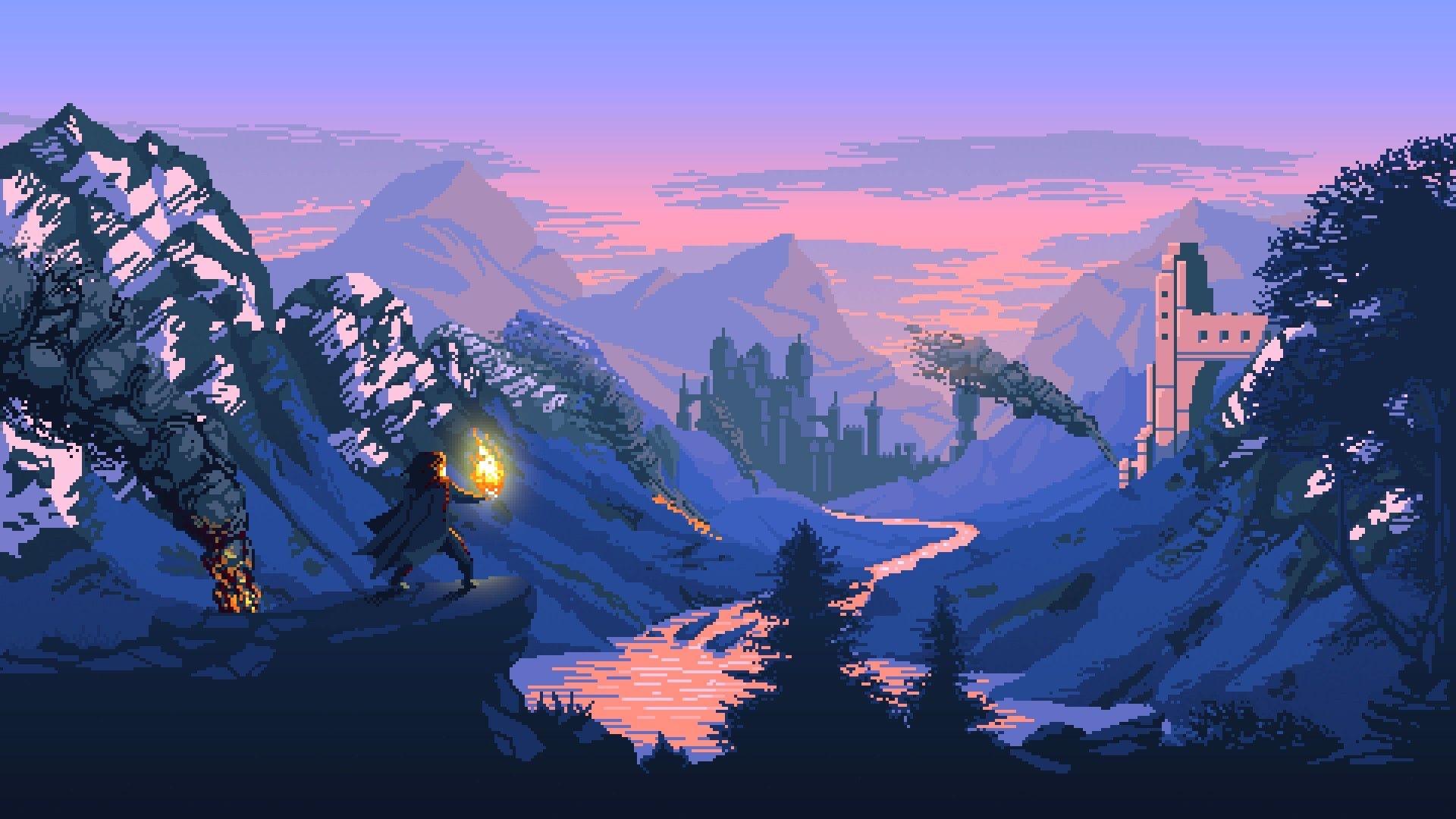 cloaked wanderer holding torch, distant fantasy castle, sunset mountain river valley, Full HD Desktop wallpaper