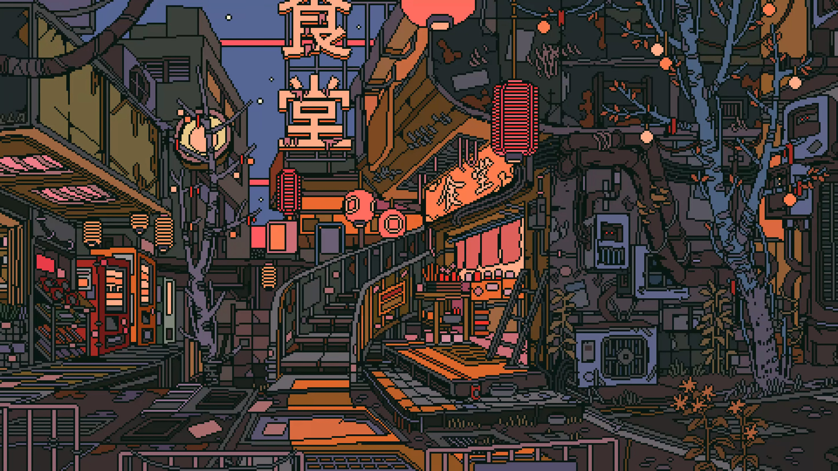 Shokudo kanji neon sign, pixel art Japanese alley, glowing red paper lanterns, HD Desktop wallpaper