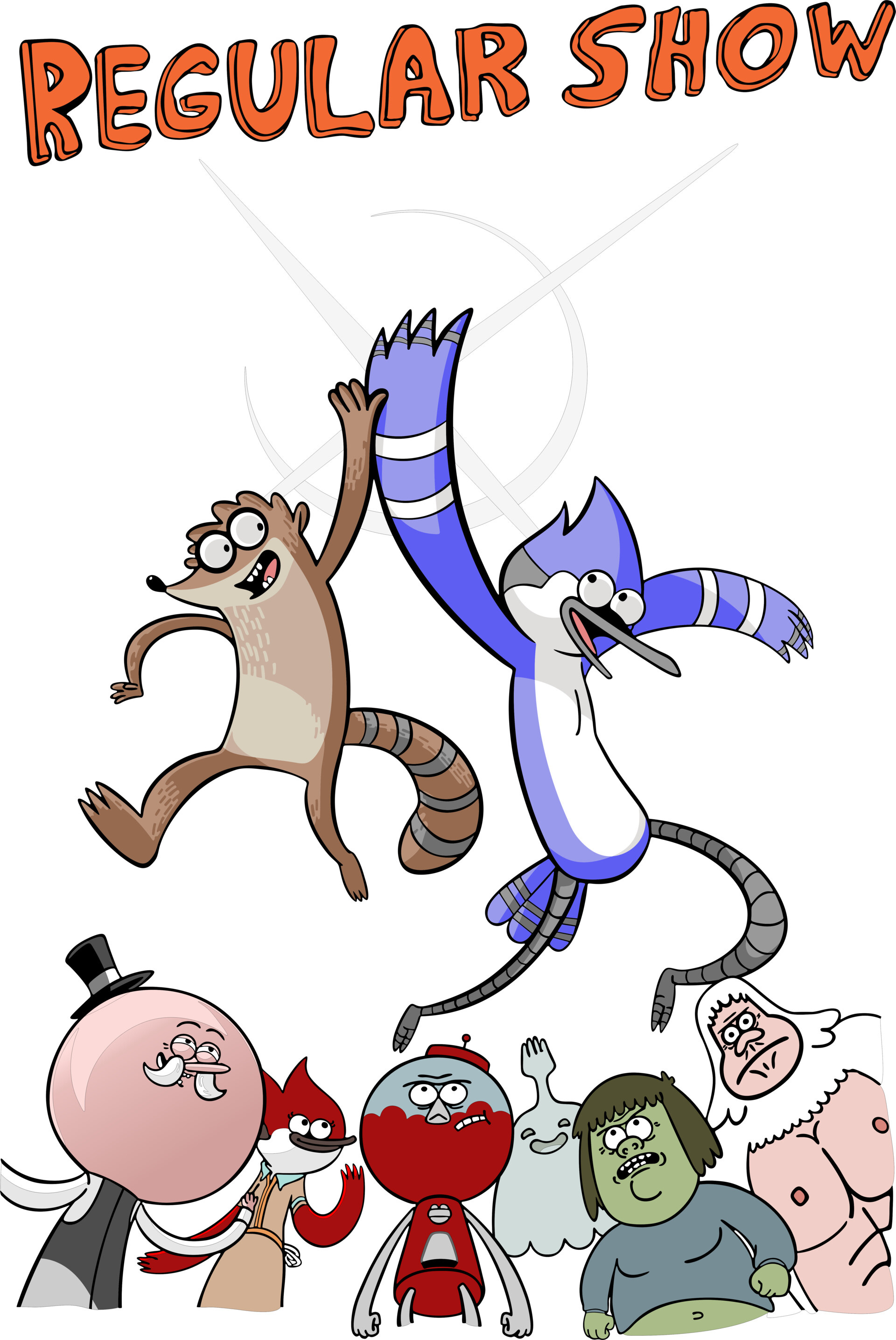 Regular Show title lettering, Mordecai and Rigby high-five, Pops in top hat, Benson gumball machine, Skips the yeti, HD Phone wallpaper
