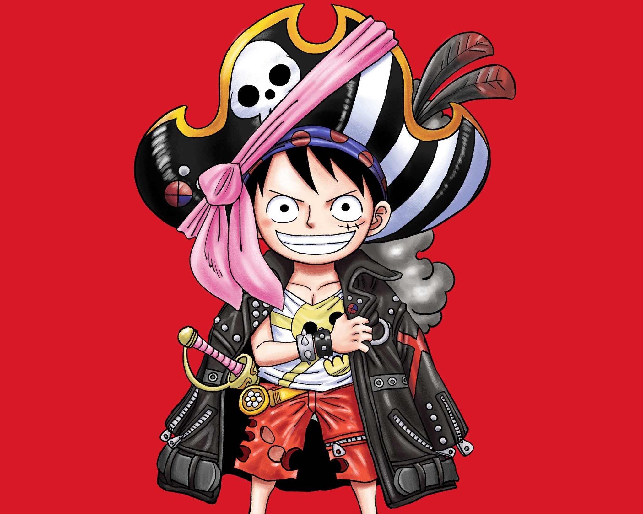 chibi Monkey D. Luffy, pirate bicorne hat, black leather jacket, HD Desktop wallpaper