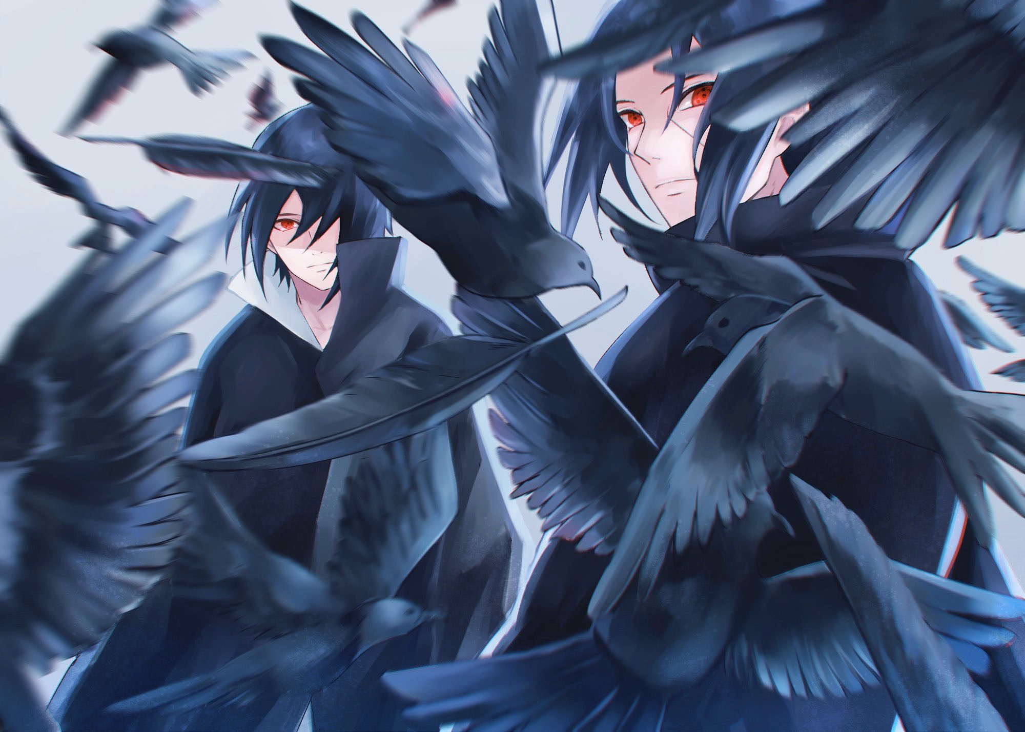 Itachi Uchiha, Sasuke Uchiha, flock of black crows, Sharingan eyes, HD Desktop wallpaper