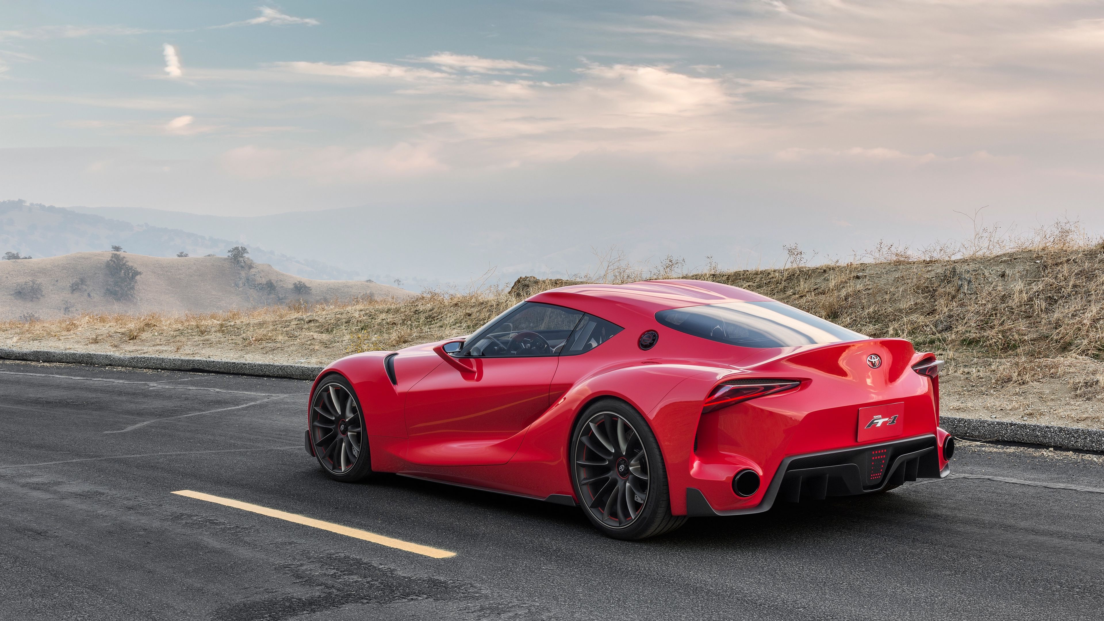 Toyota FT-1 Concept, scenic asphalt road, dry hillside landscape, 4K Desktop wallpaper