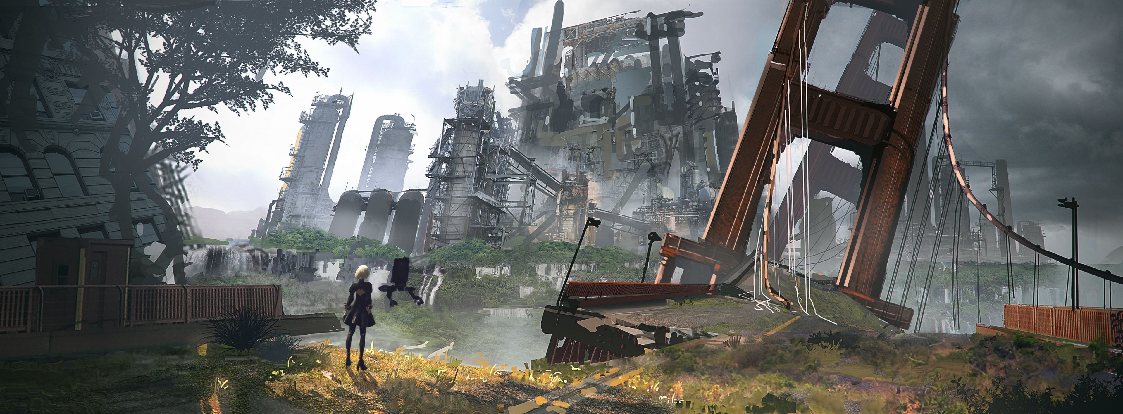 2B YoRHa android, Pod 042 tactical support, Ruined suspension bridge, Dual Screen Desktop wallpaper