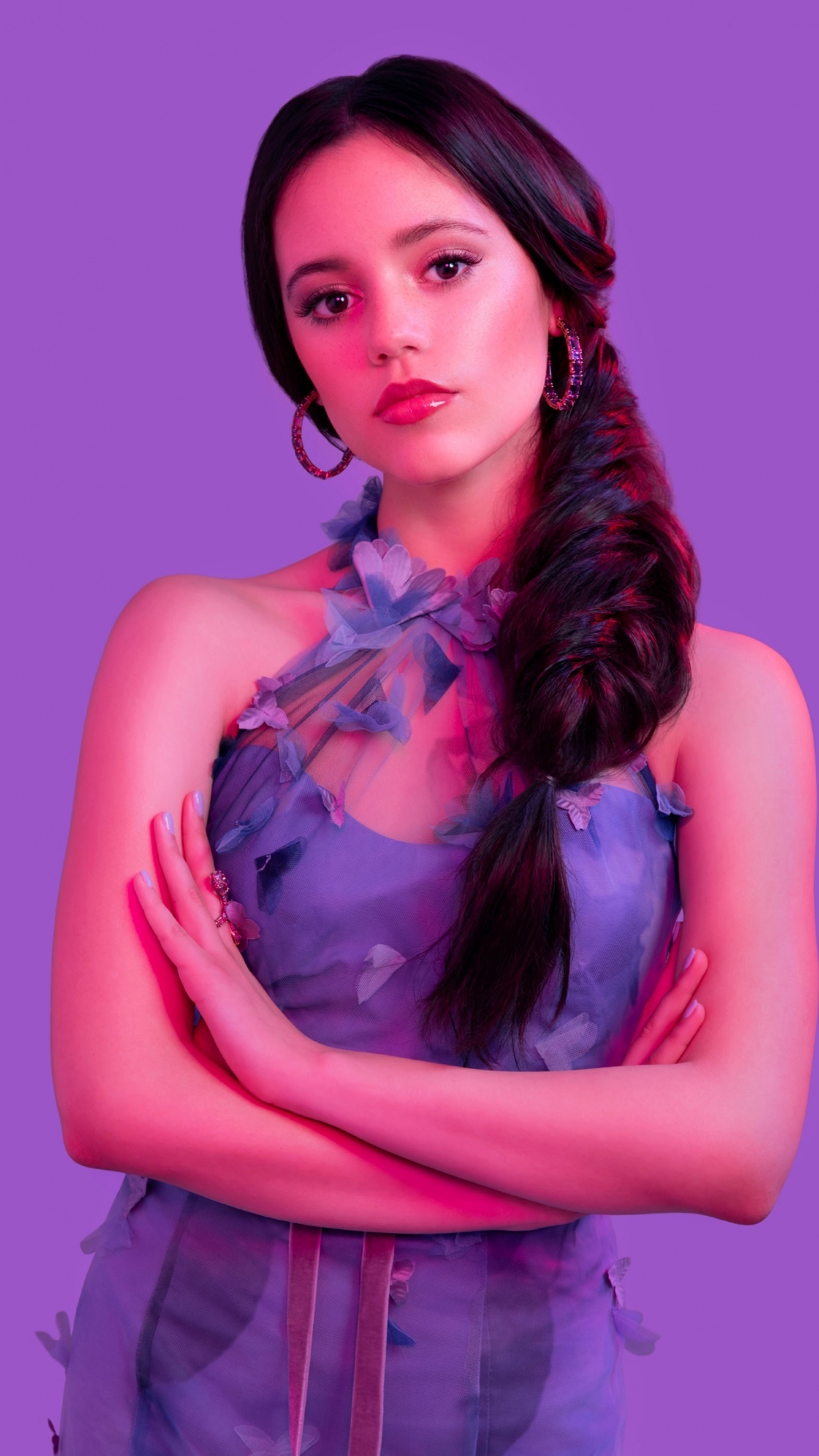 Jenna Ortega, butterfly applique halter dress, fishtail side braid, HD Phone wallpaper