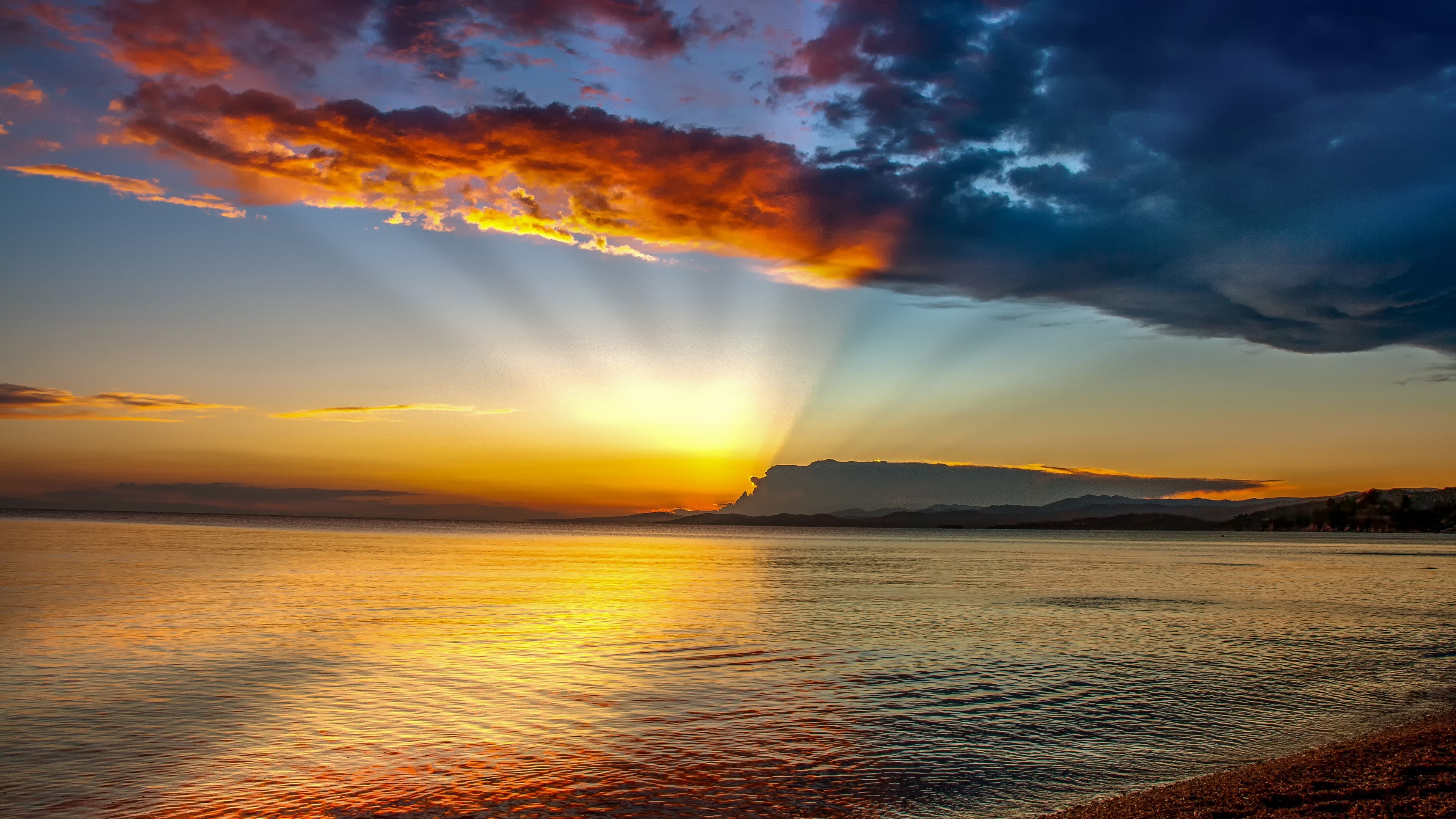 Sunburst crepuscular rays, Golden sunset sea reflection, Dramatic orange evening clouds, 4K Desktop wallpaper