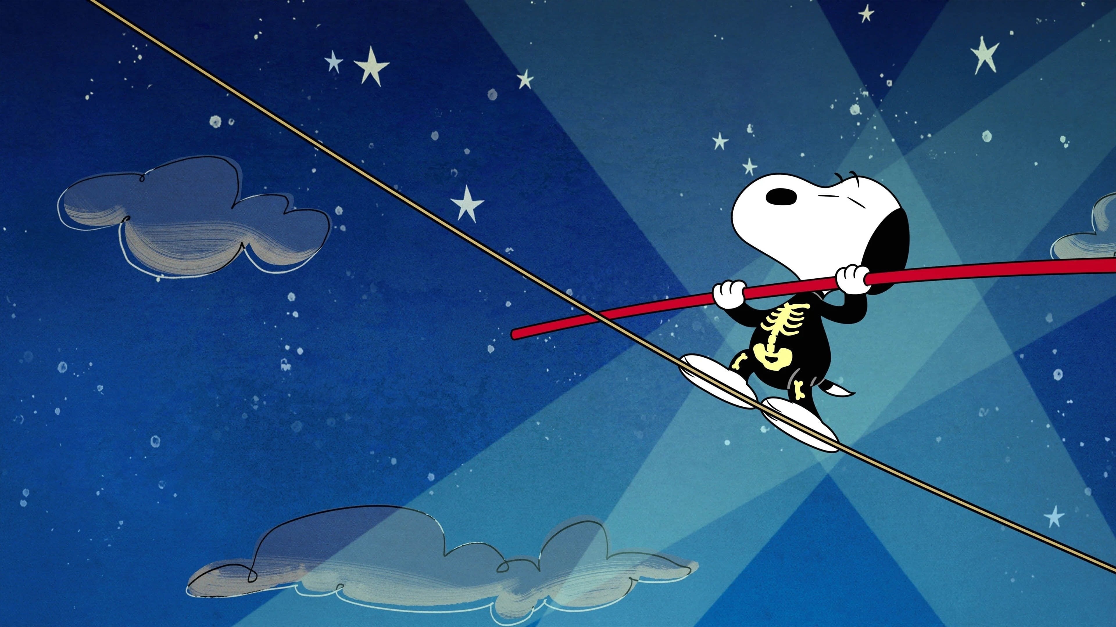 Snoopy skeleton costume, tightrope balance pole, starry night sky, 4K Desktop wallpaper