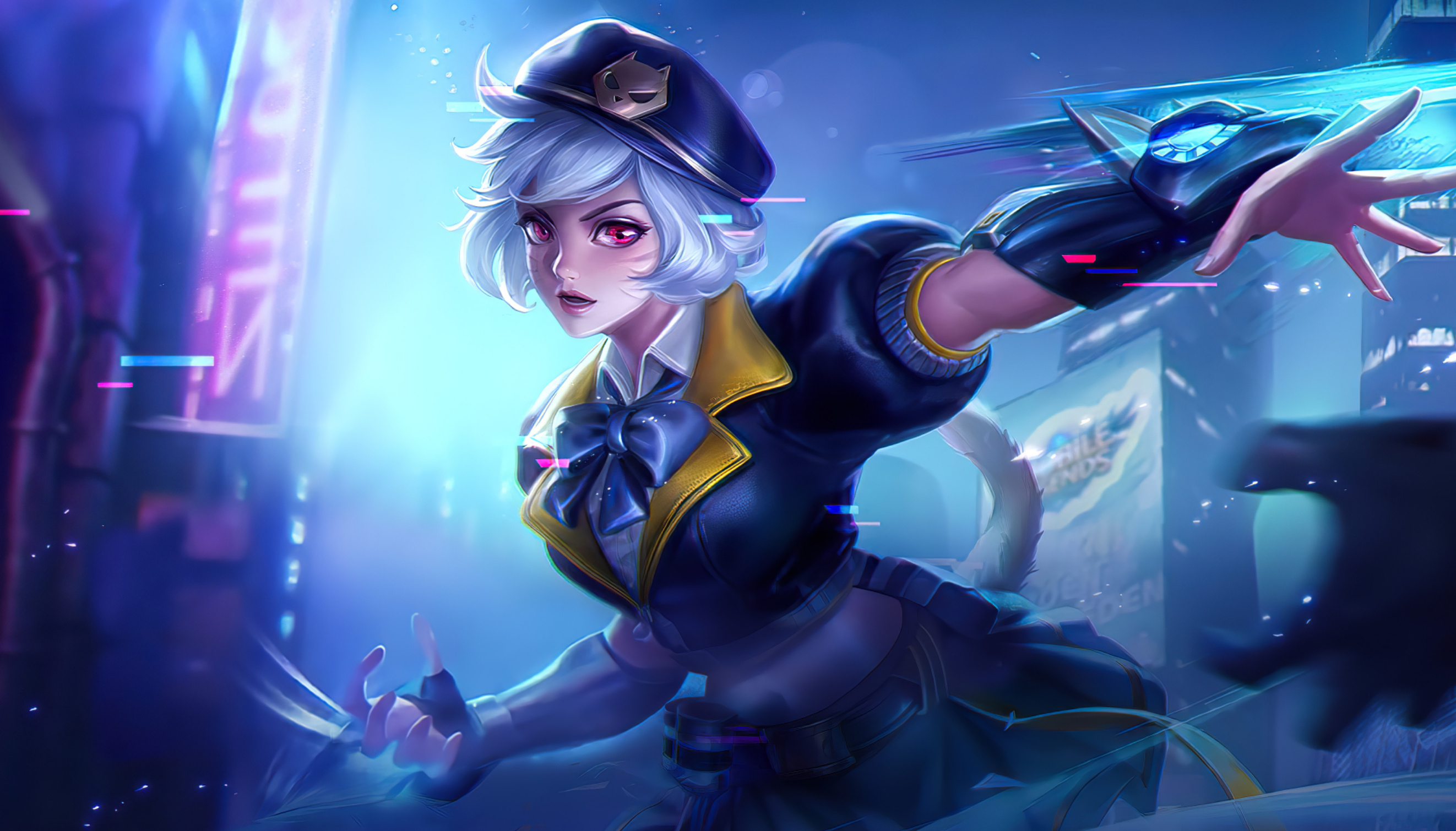 Natalia Grim Strangler, cybernetic energy claw, neon cyberpunk city, HD Desktop wallpaper