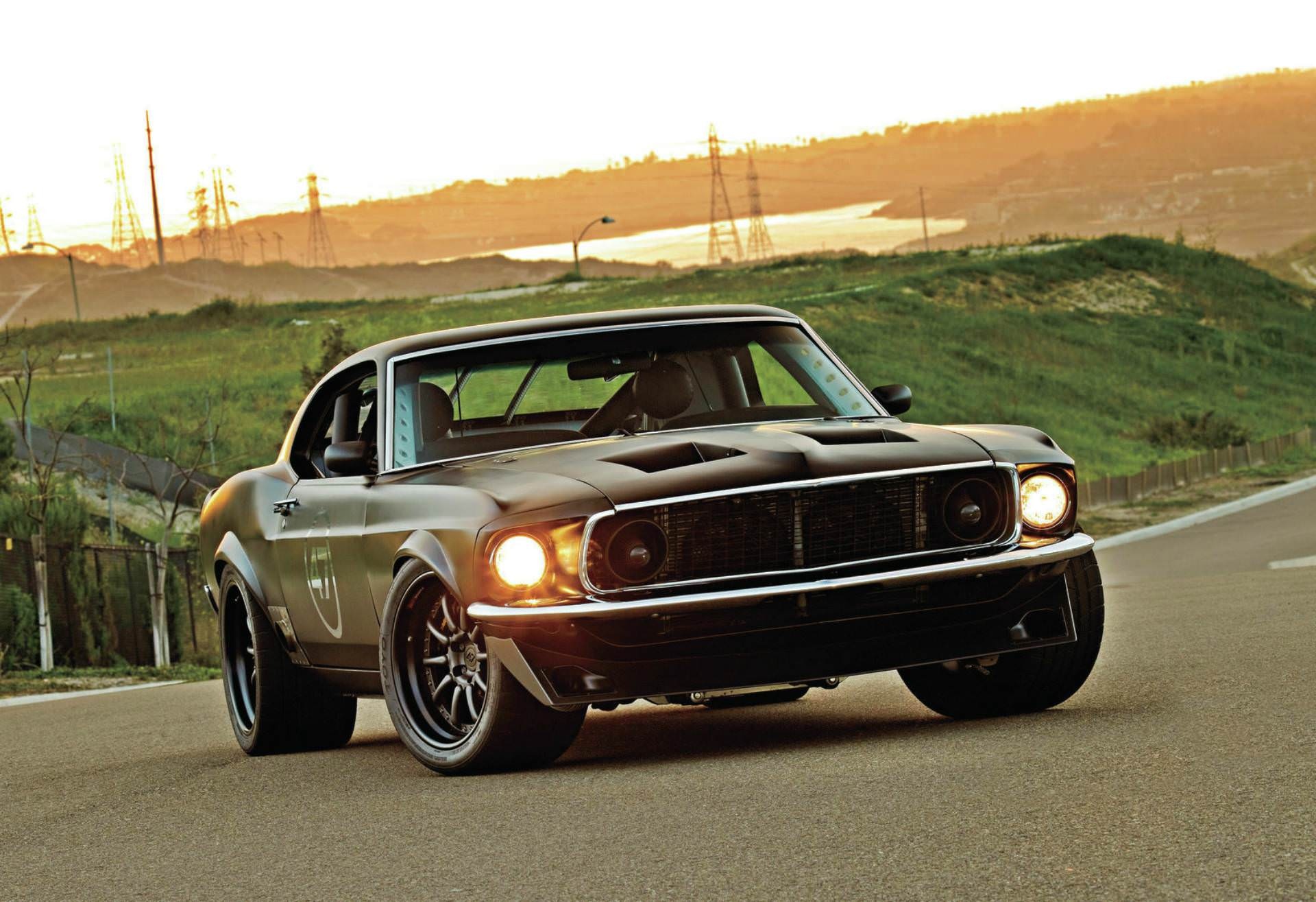 1969 Ford Mustang restomod, matte black muscle car, sunset hillside road, HD Desktop wallpaper