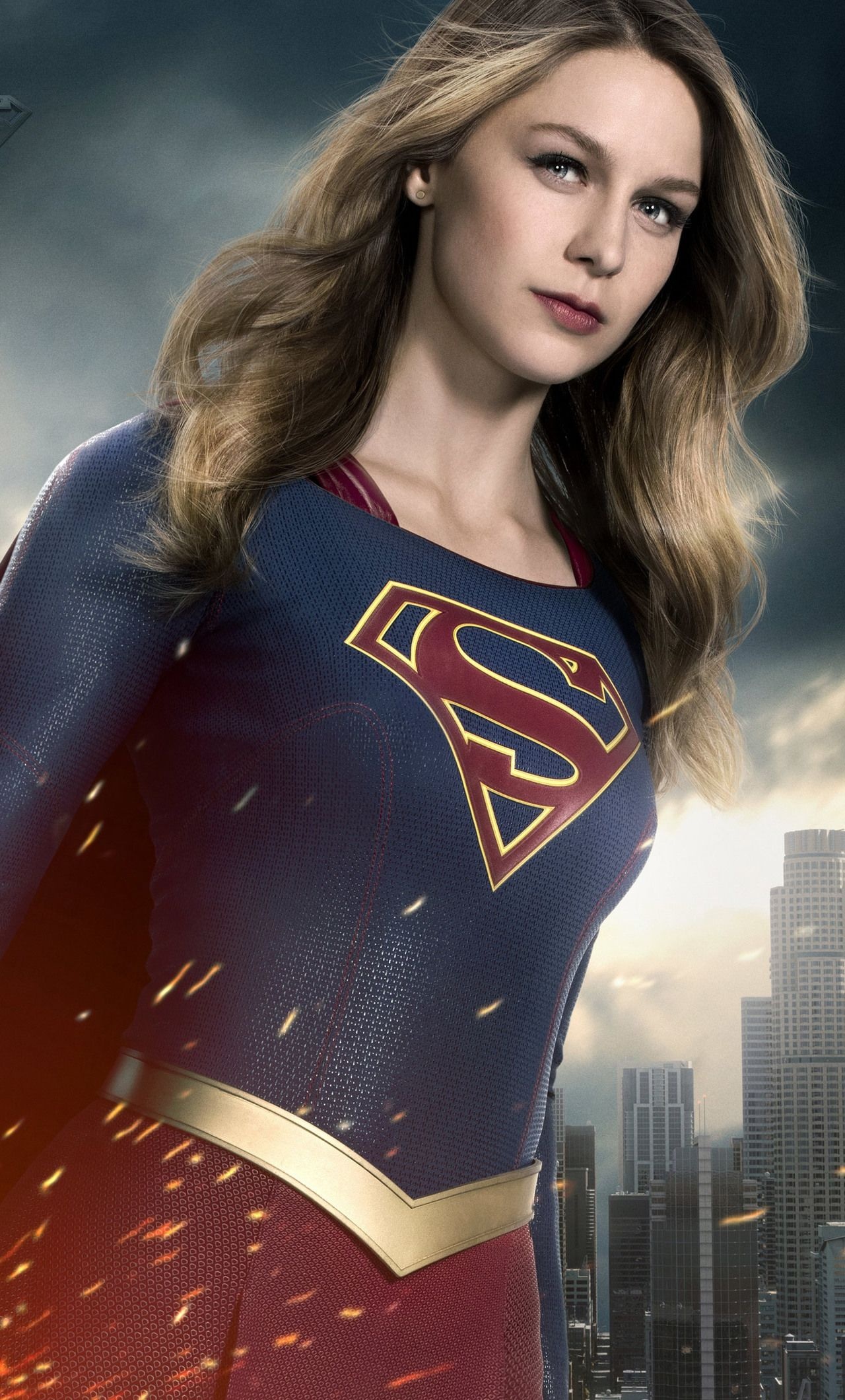 Melissa Benoist as Supergirl, House of El symbol, National City skyline, HD Phone wallpaper