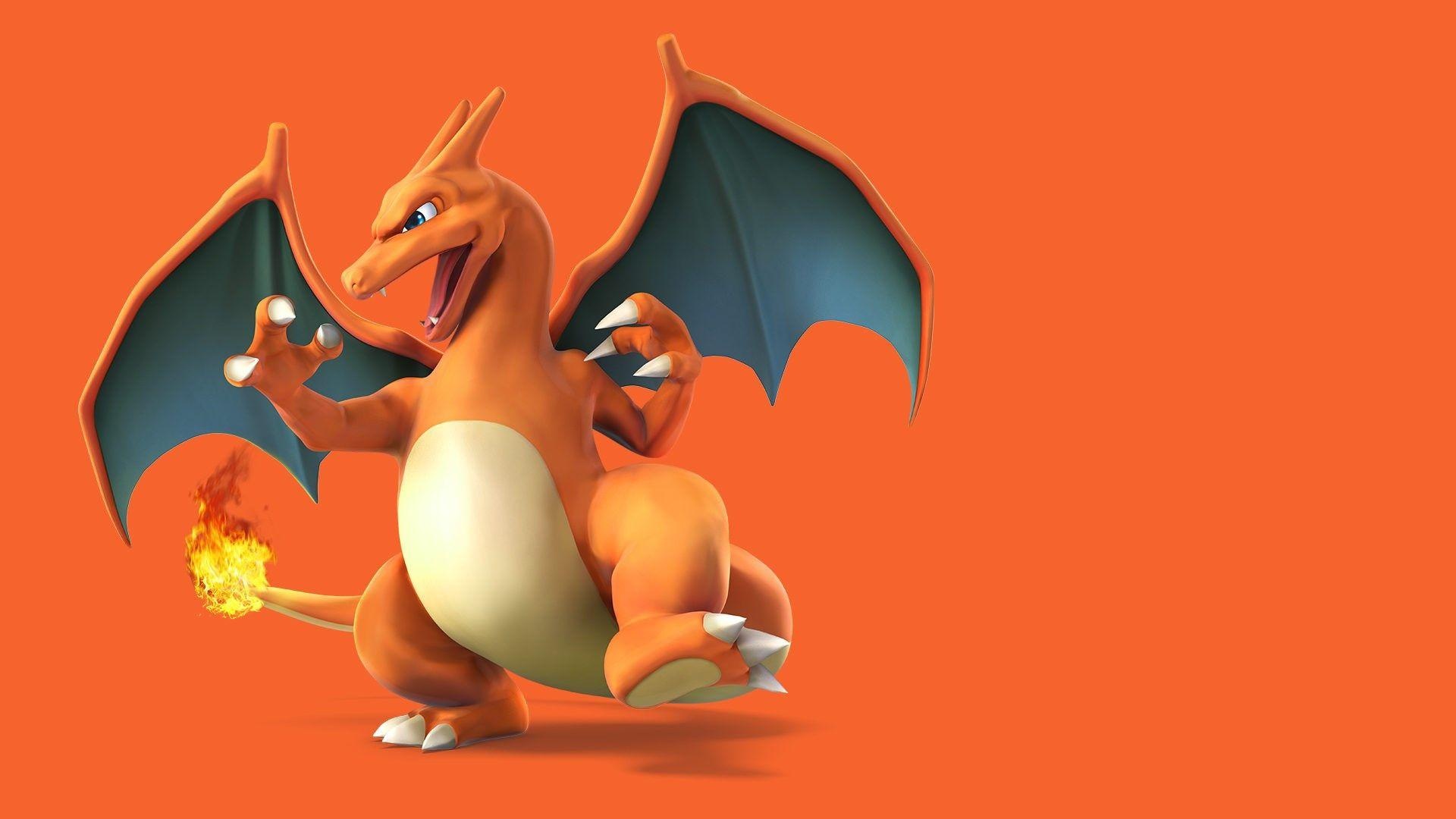 Charizard, Flaming tail, Solid orange backdrop, Full HD Desktop wallpaper